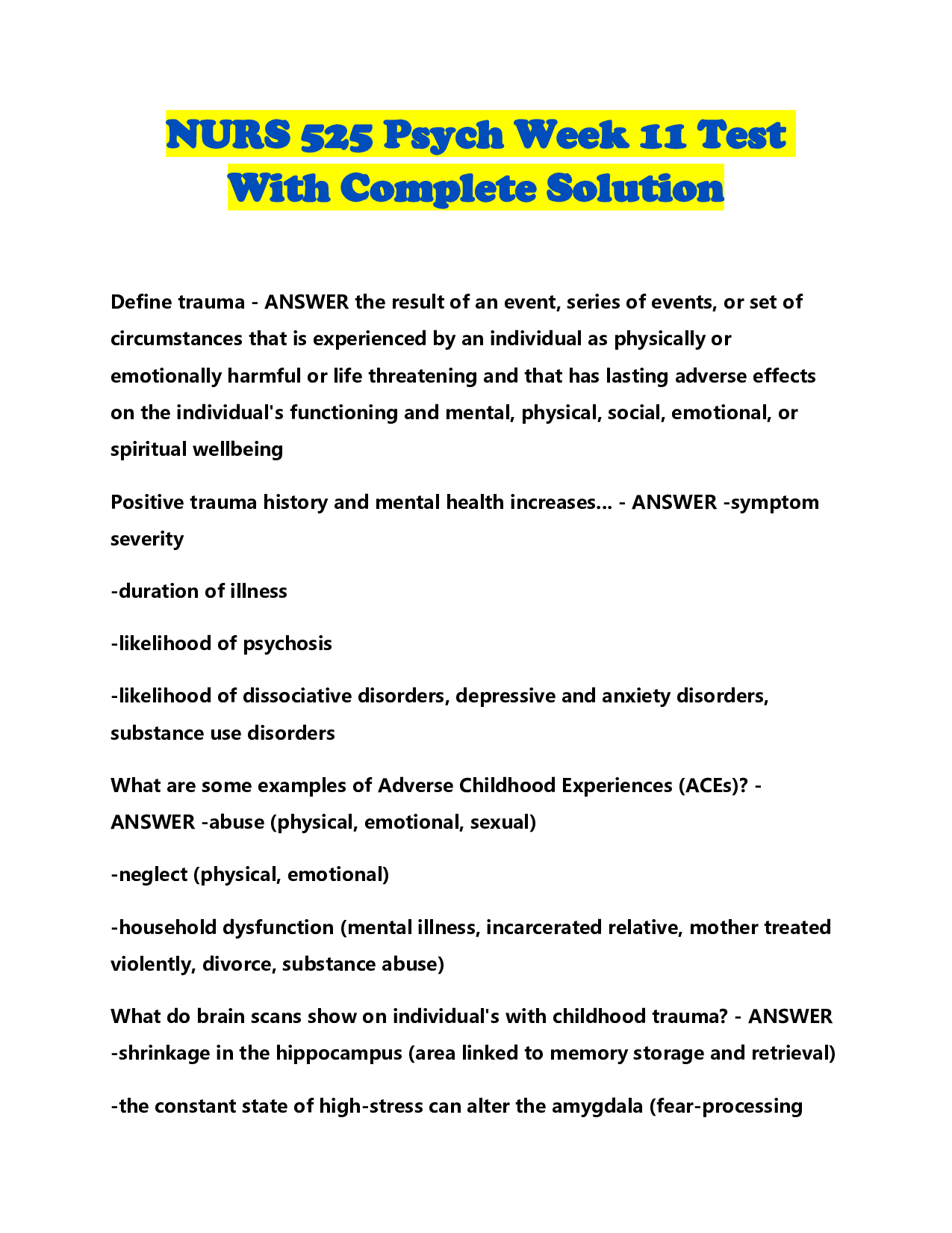 NURS 525 Psych Week 11 Test With Complete Solution