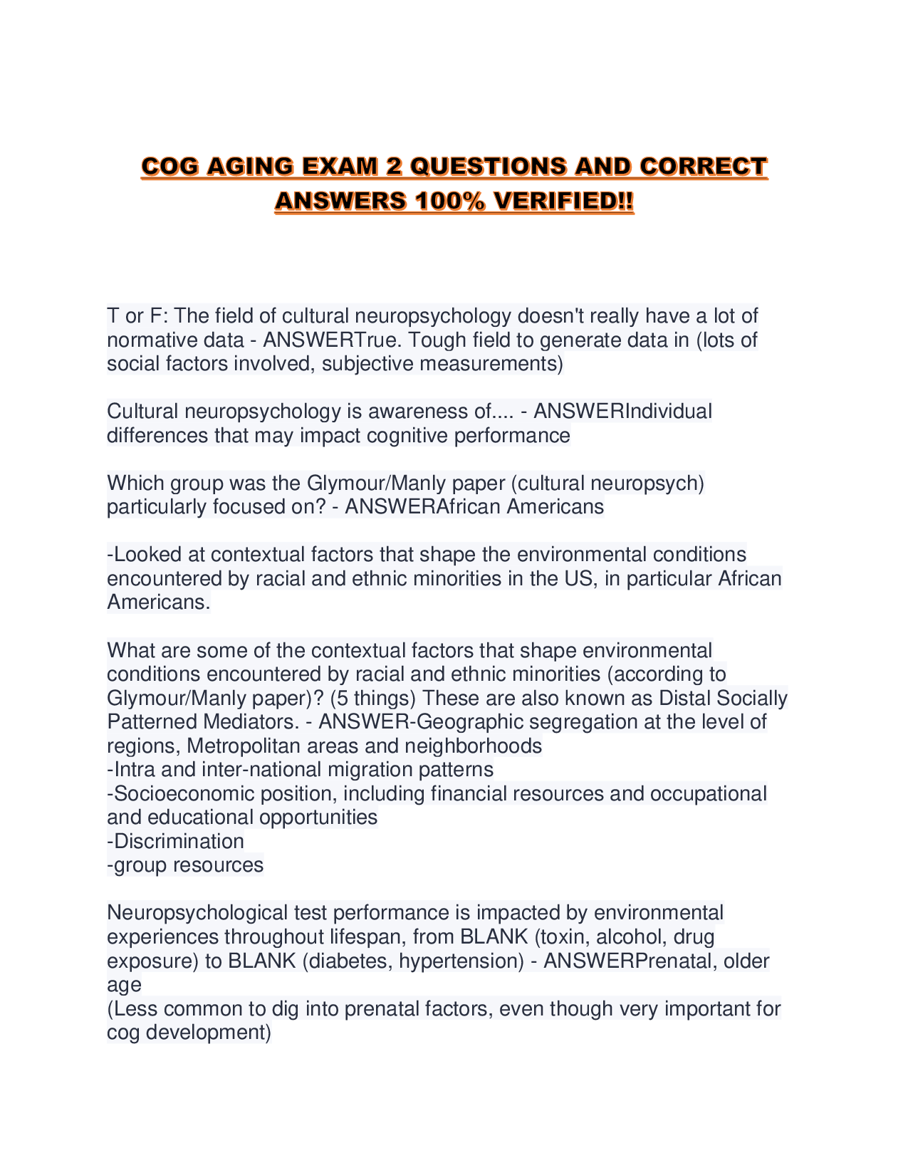 COG AGING EXAM 2 QUESTIONS AND CORRECT ANSWERS 100% VERIFIED!!