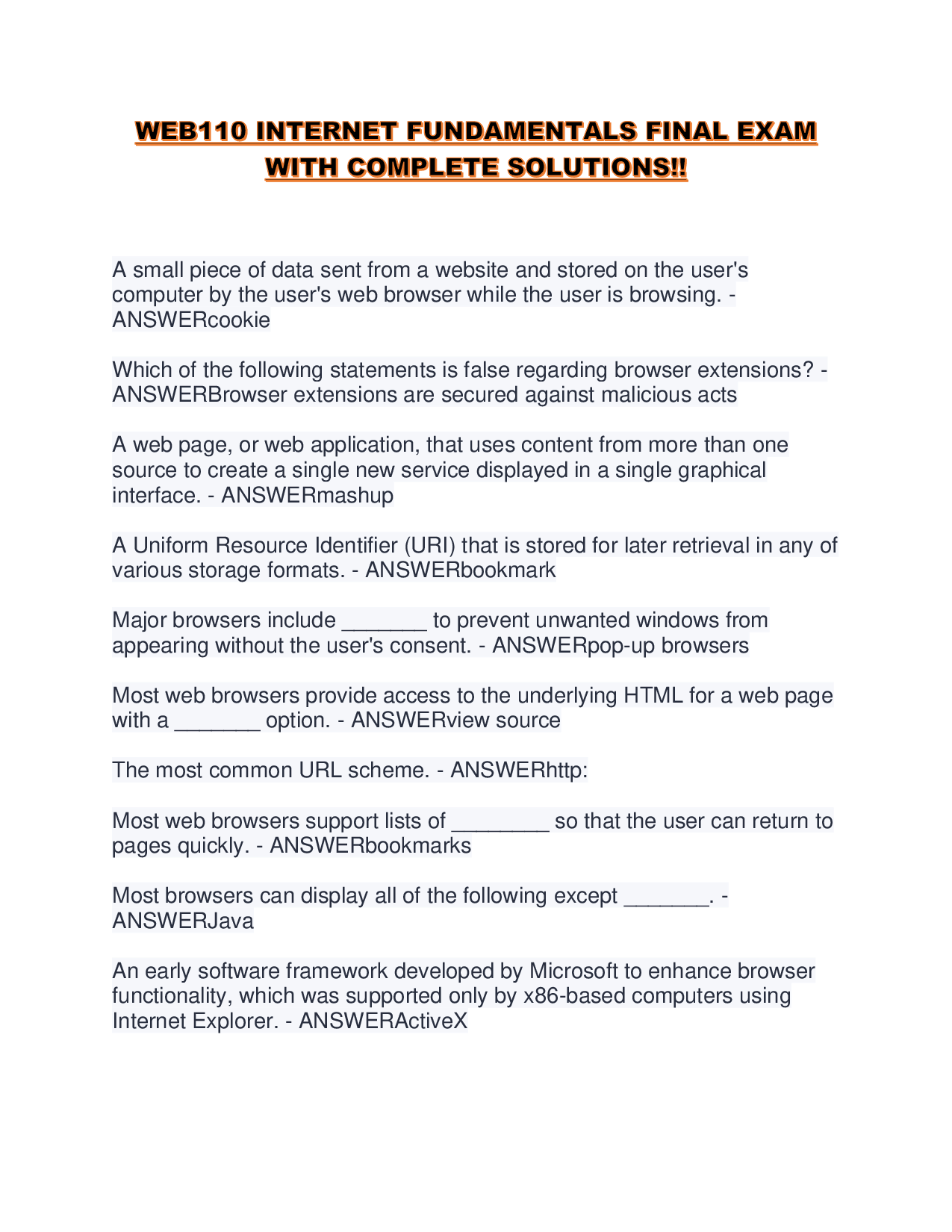 WEB110 INTERNET FUNDAMENTALS FINAL EXAM WITH COMPLETE SOLUTIONS!!