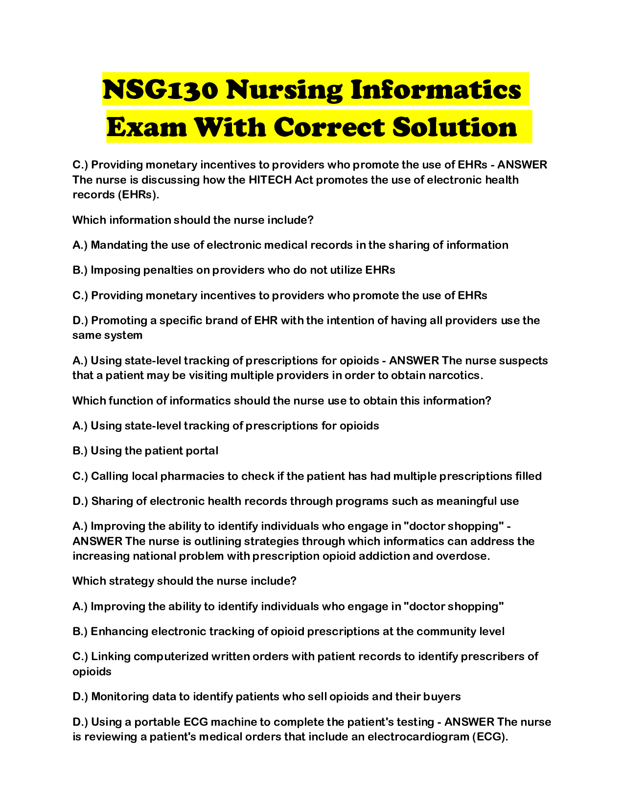 NSG130 Nursing Informatics Exam With Correct Solution