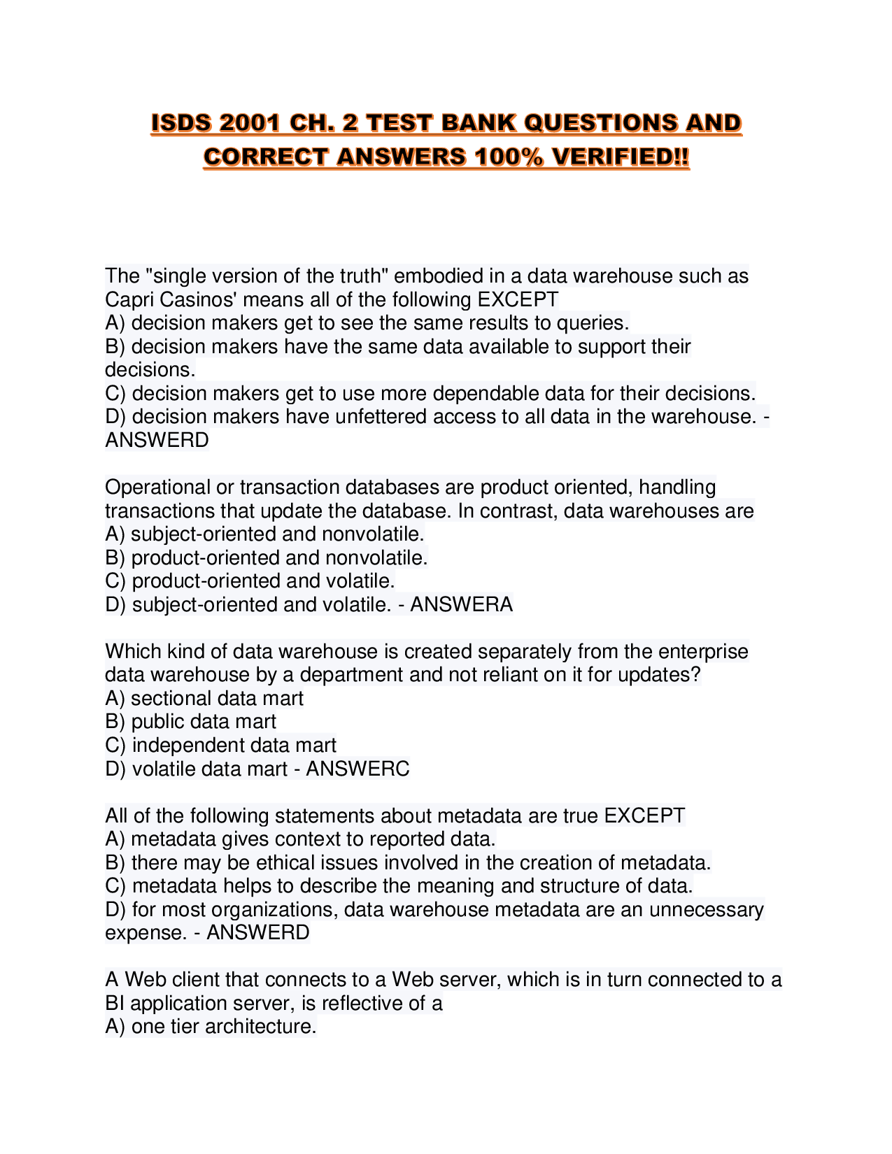 ISDS 2001 CH. 2 TEST BANK QUESTIONS AND CORRECT ANSWERS 100% VERIFIED!!
