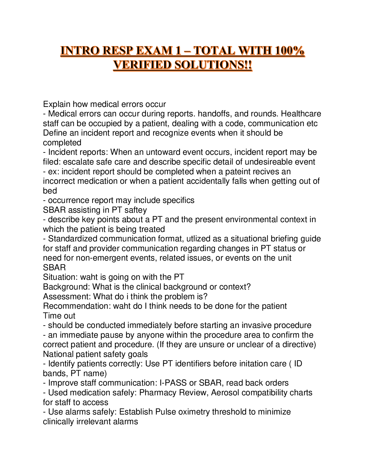 INTRO RESP EXAM 1 – TOTAL WITH 100% VERIFIED SOLUTIONS!!