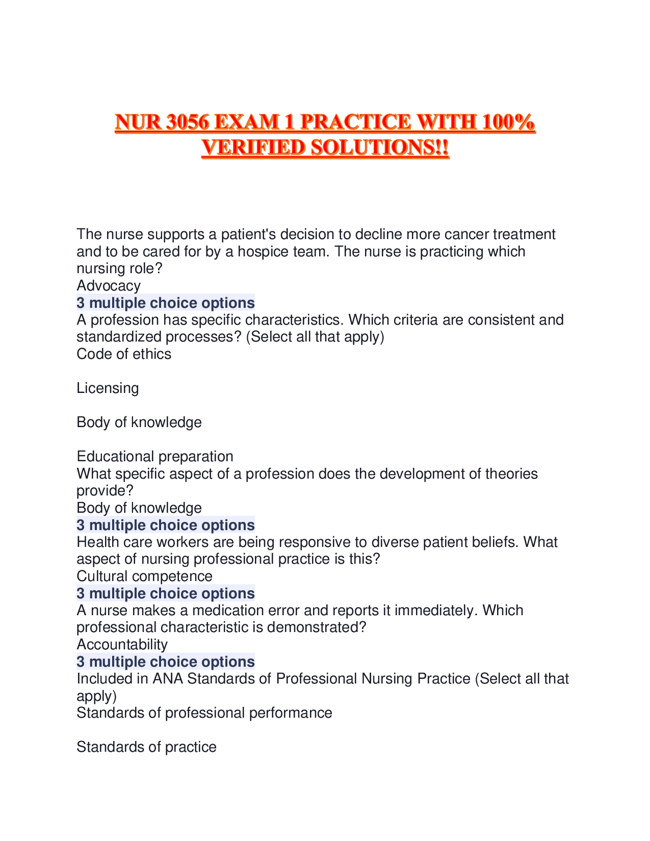 NUR 3056 EXAM 1 PRACTICE WITH 100% VERIFIED SOLUTIONS!!