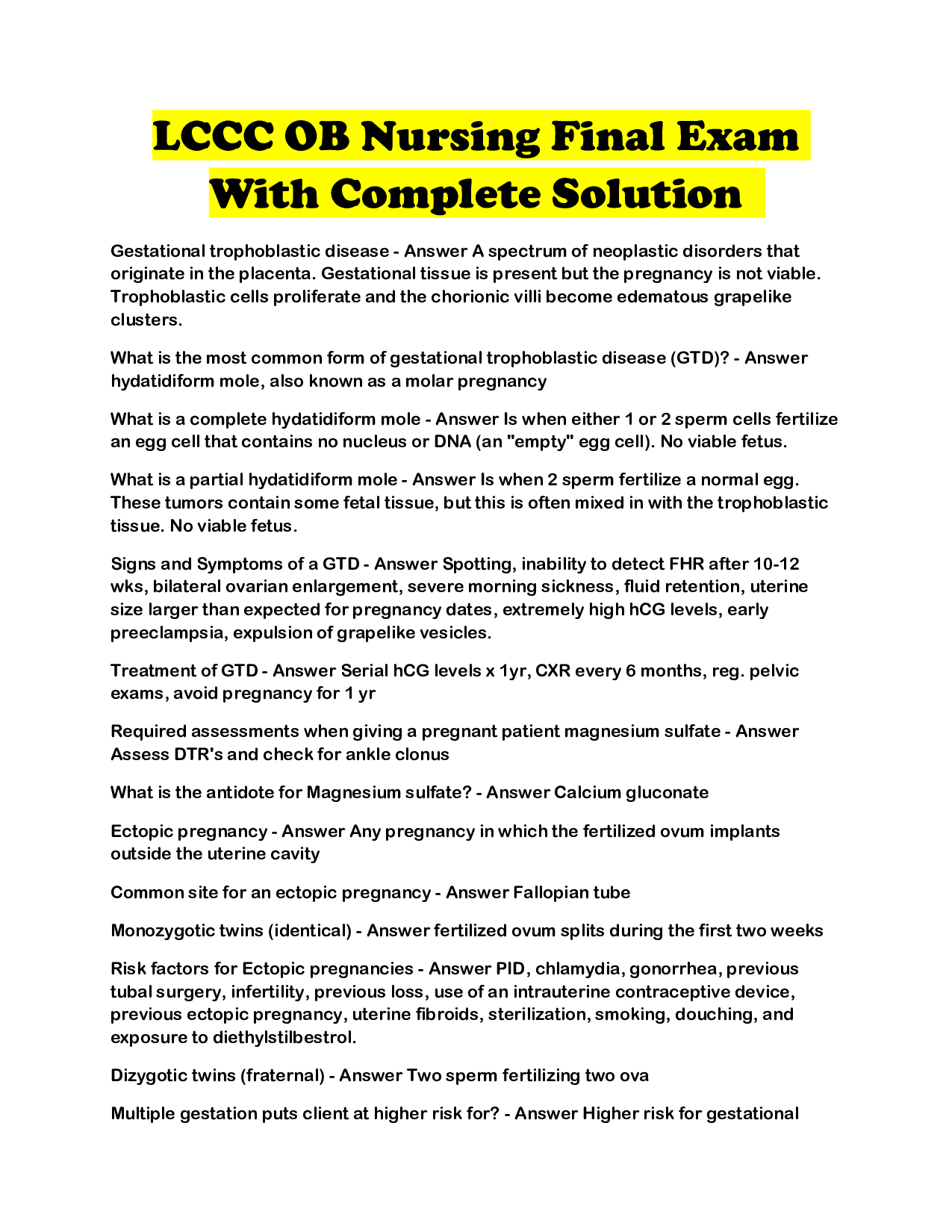 LCCC OB Nursing Final Exam With Complete Solution