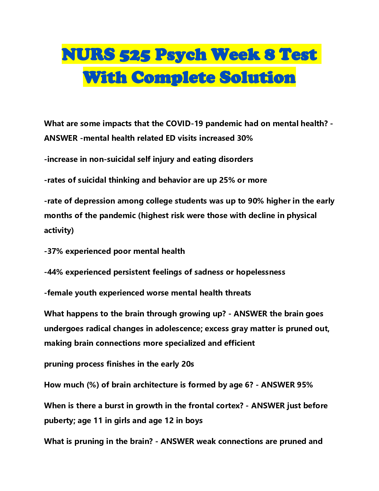 NURS 525 Psych Week 8 Test With Complete Solution