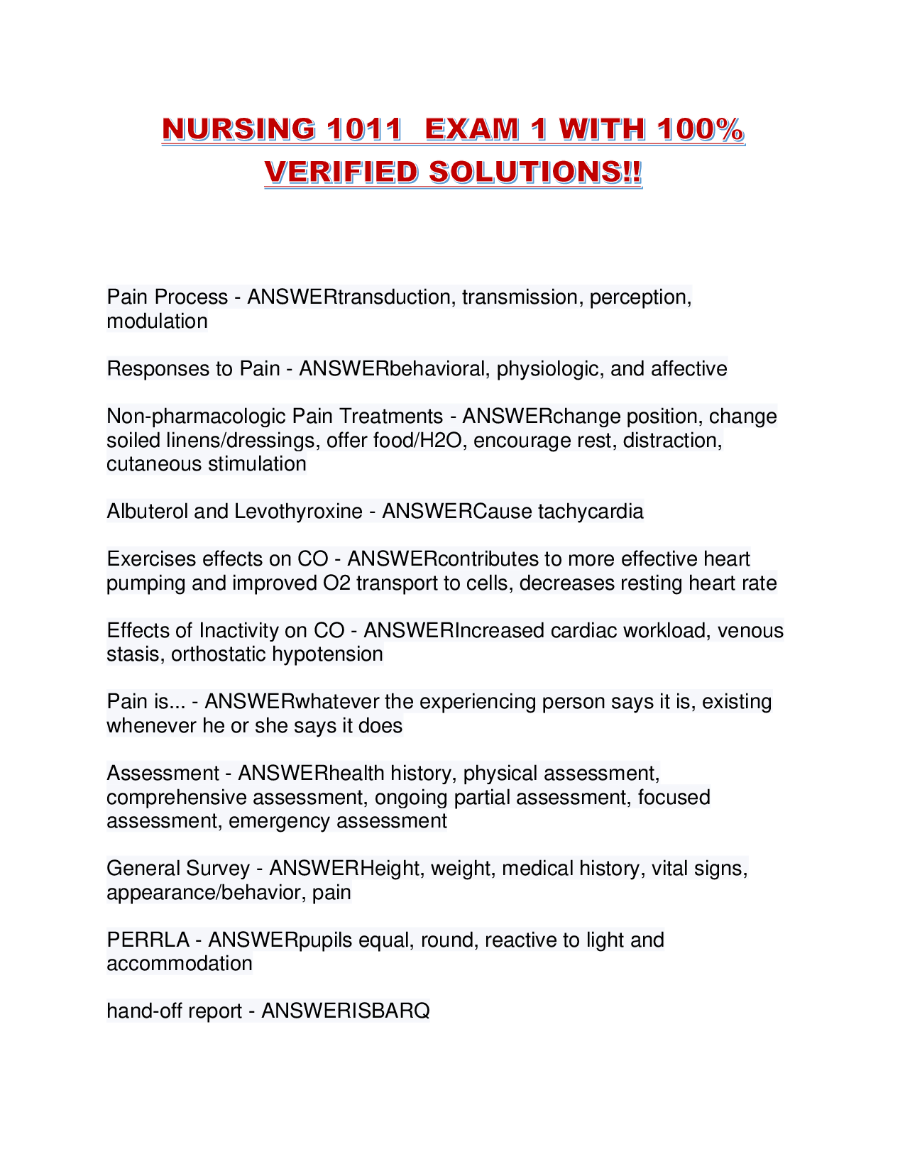 NURSING 1011  EXAM 1 WITH 100% VERIFIED SOLUTIONS!!