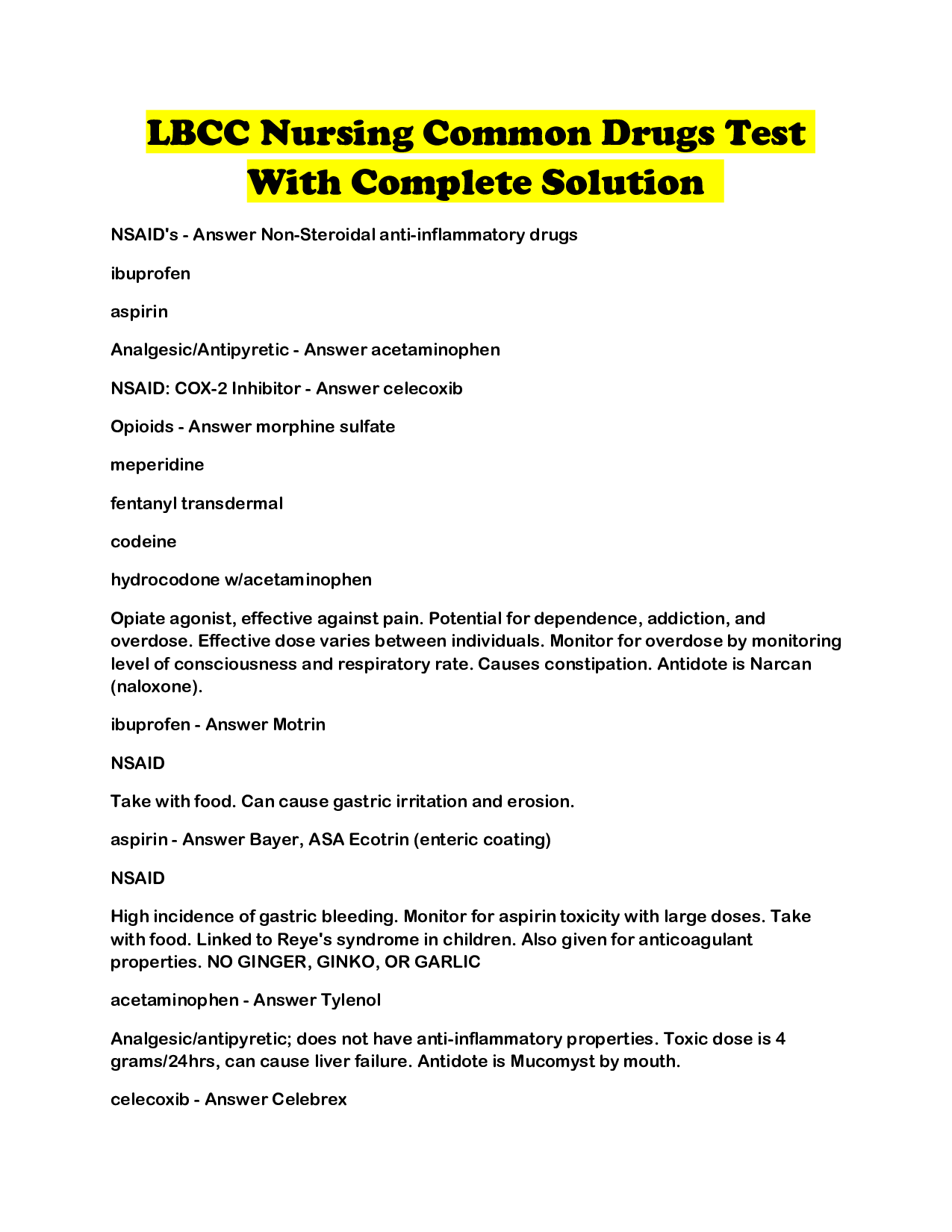 LBCC Nursing Common Drugs Test With Complete Solution