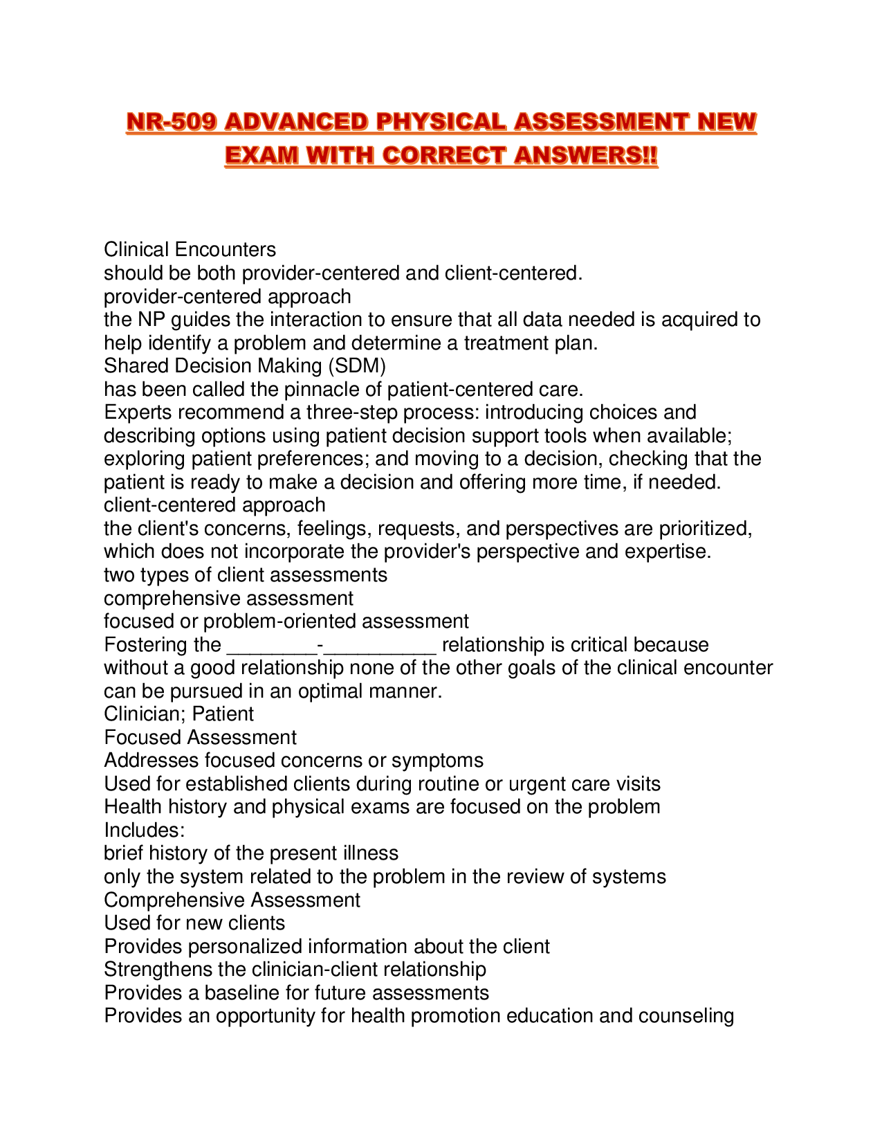 NR-509 ADVANCED PHYSICAL ASSESSMENT NEW EXAM WITH CORRECT ANSWERS!!