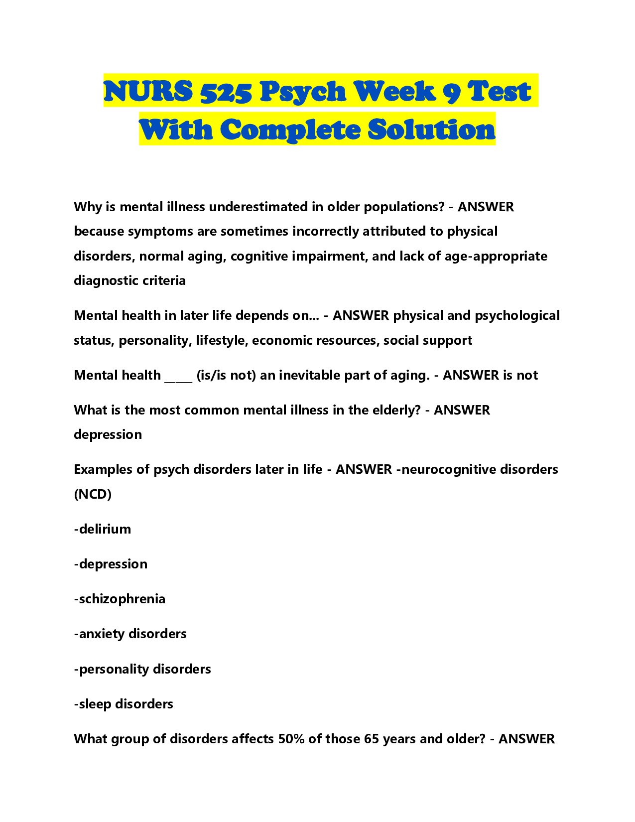 NURS 525 Psych Week 9 Test With Complete Solution
