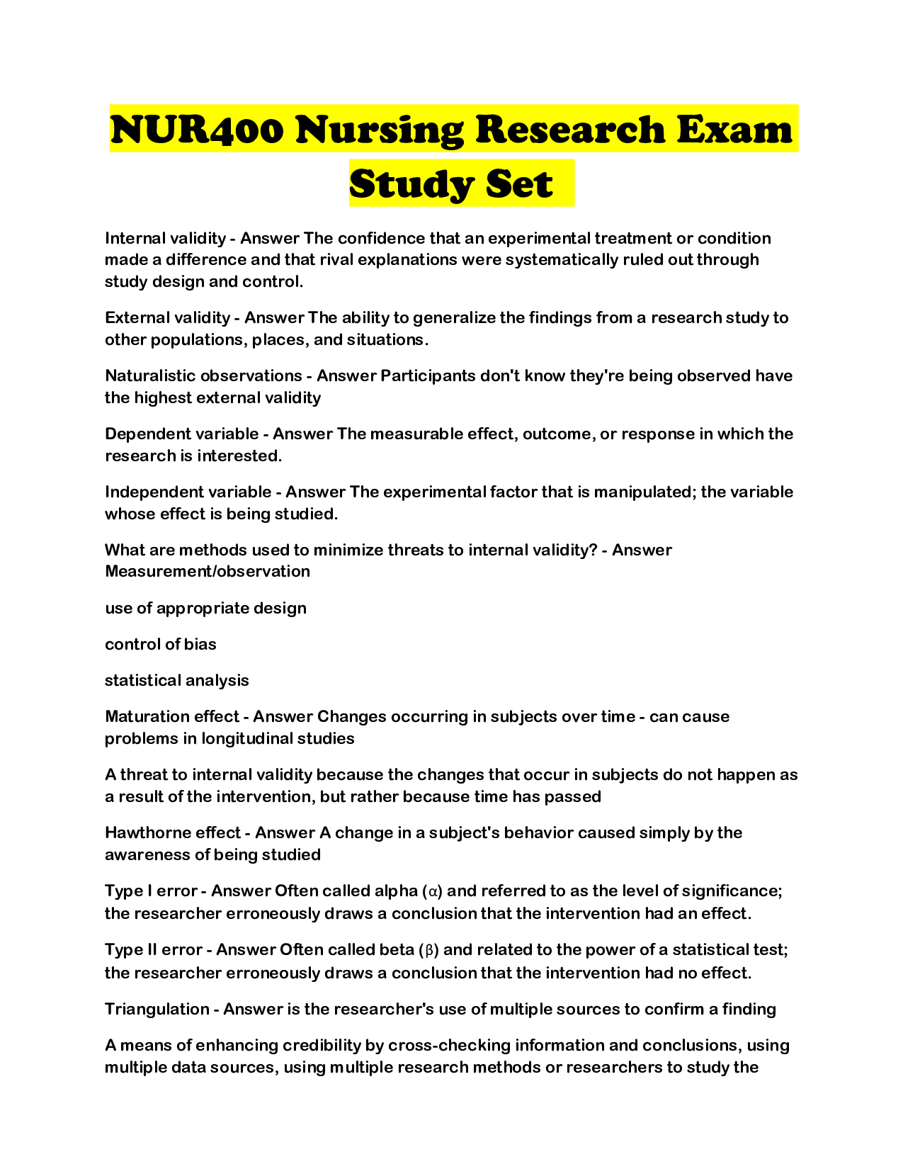 NUR400 Nursing Research Exam Study Set