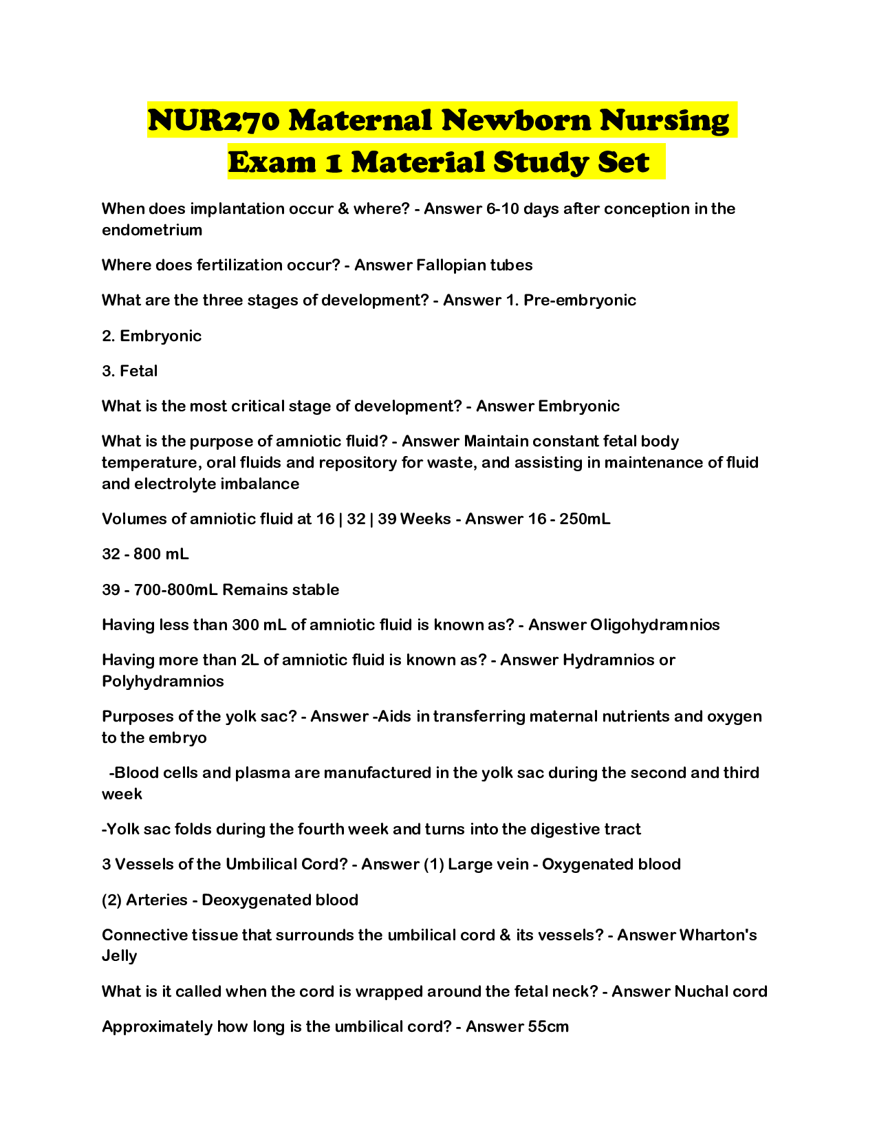 NUR270 Maternal Newborn Nursing Exam 1 Material Study Set