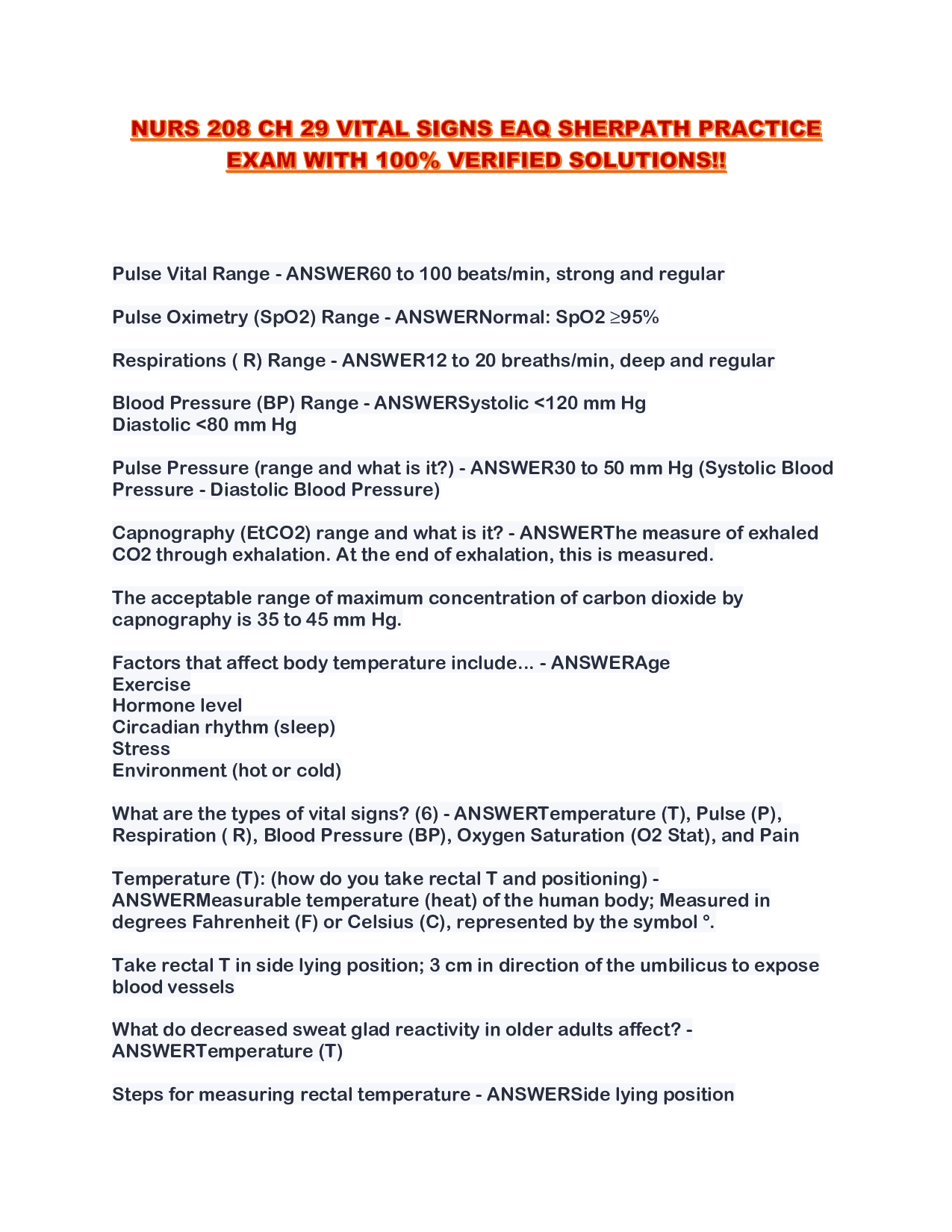 NURS 208 CH 29 VITAL SIGNS EAQ SHERPATH PRACTICE EXAM WITH 100% VERIFIED SOLUTIONS!!