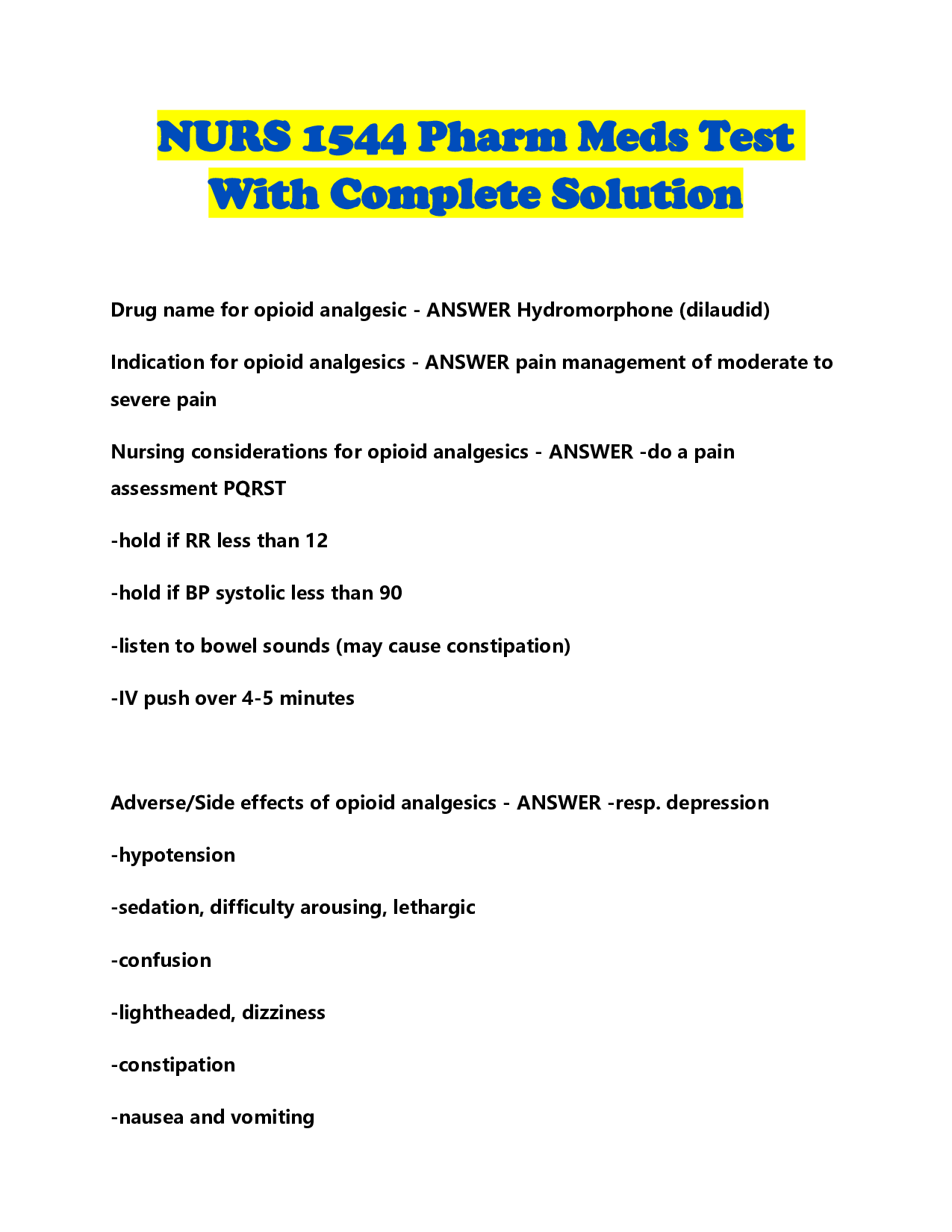 NURS 1544 Pharm Meds Test With Complete Solution