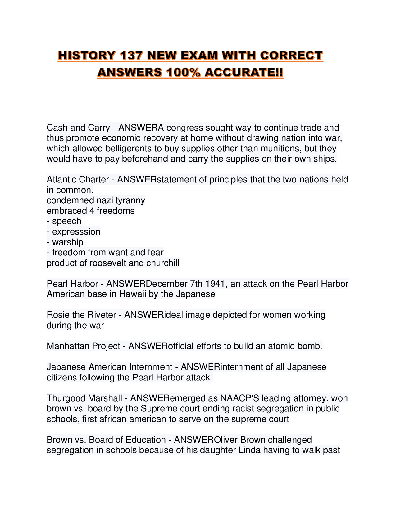 HISTORY 137 NEW EXAM WITH CORRECT ANSWERS 100% ACCURATE!!