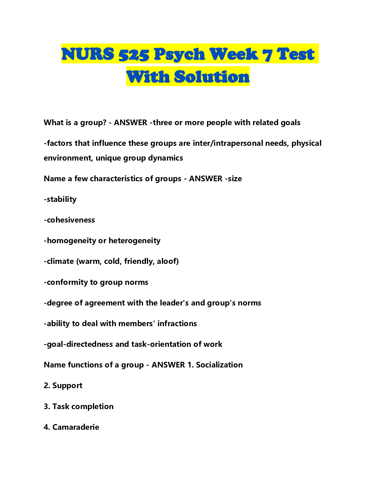 NURS 525 Psych Week 7 Test With Solution