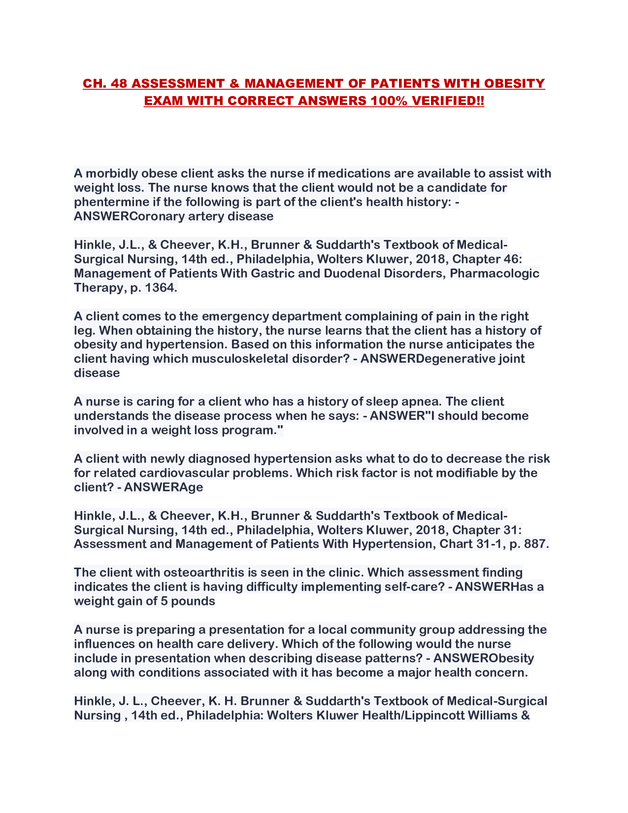 CH. 48 ASSESSMENT & MANAGEMENT OF PATIENTS WITH OBESITY EXAM WITH CORRECT ANSWERS 100% VERIFIED!!