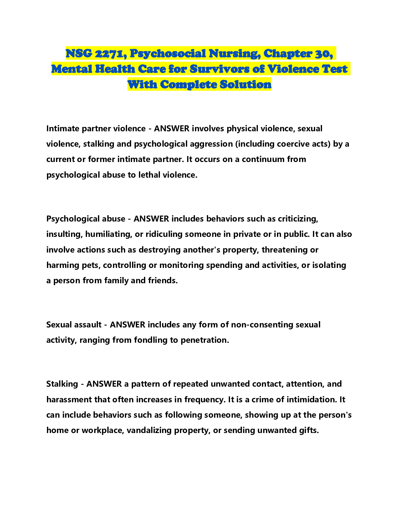 NSG 2271, Psychosocial Nursing, Chapter 30, Mental Health Care for Survivors of Violence Test With Complete Solution