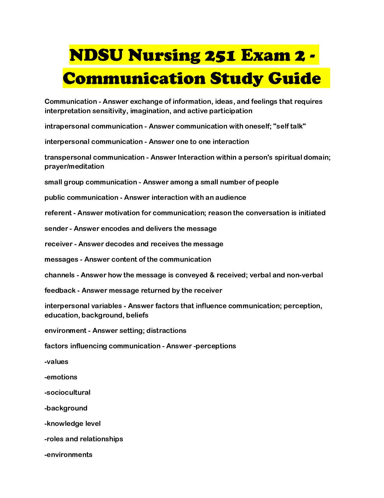 NDSU Nursing 251 Exam 2 - Communication Study Guide