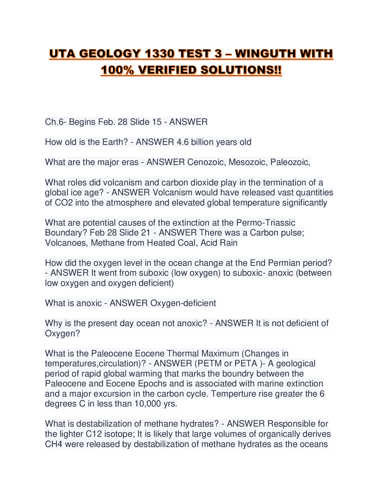 UTA GEOLOGY 1330 TEST 3 – WINGUTH WITH 100% VERIFIED SOLUTIONS!!