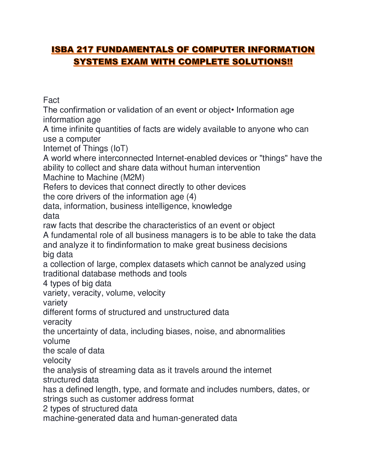 ISBA 217 FUNDAMENTALS OF COMPUTER INFORMATION SYSTEMS EXAM WITH COMPLETE SOLUTIONS!!