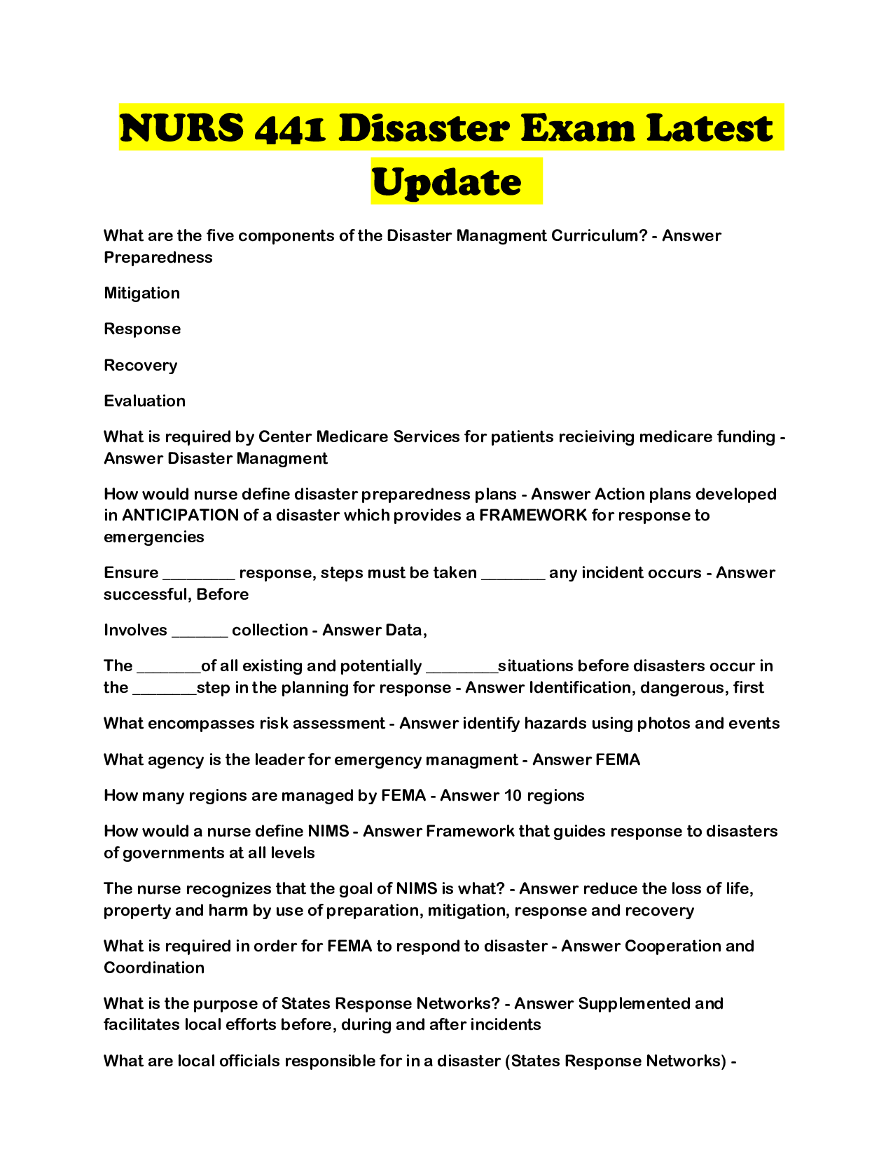 NURS 441 Disaster Exam Latest Update