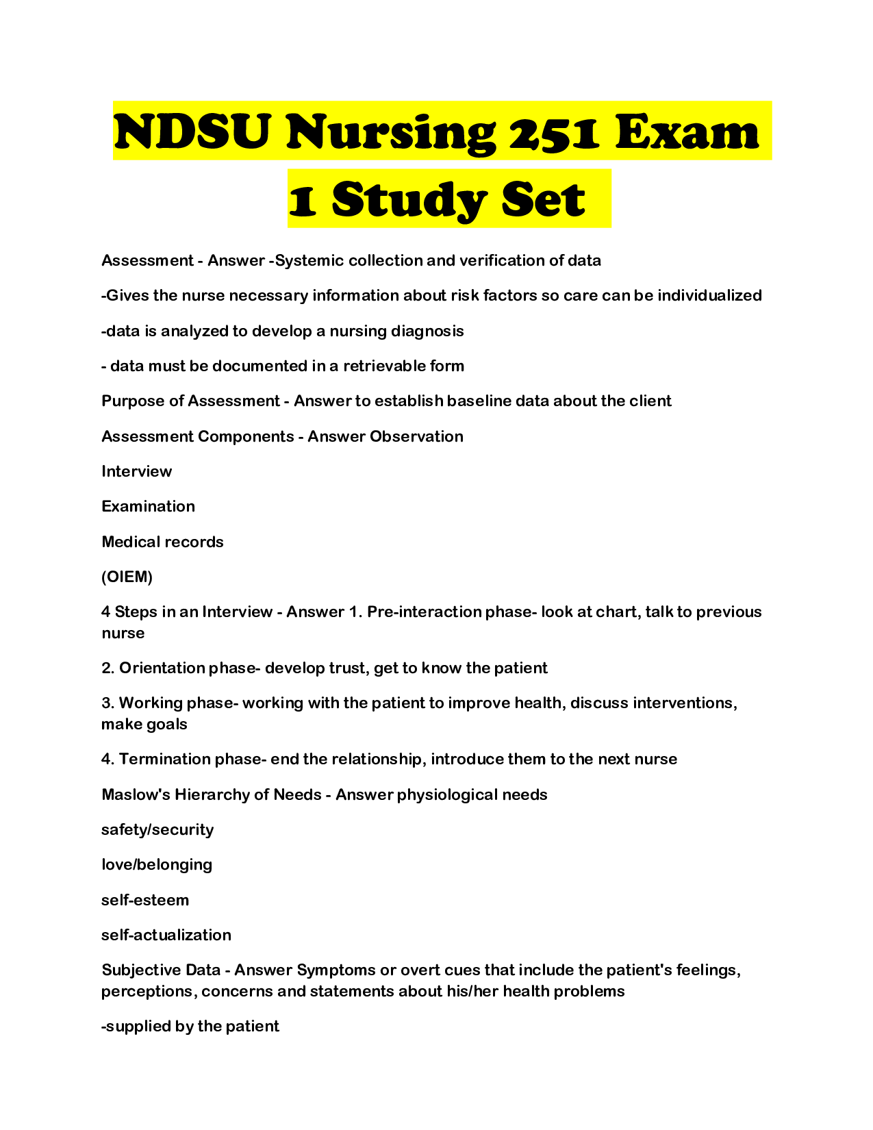 NDSU Nursing 251 Exam 1 Study Set