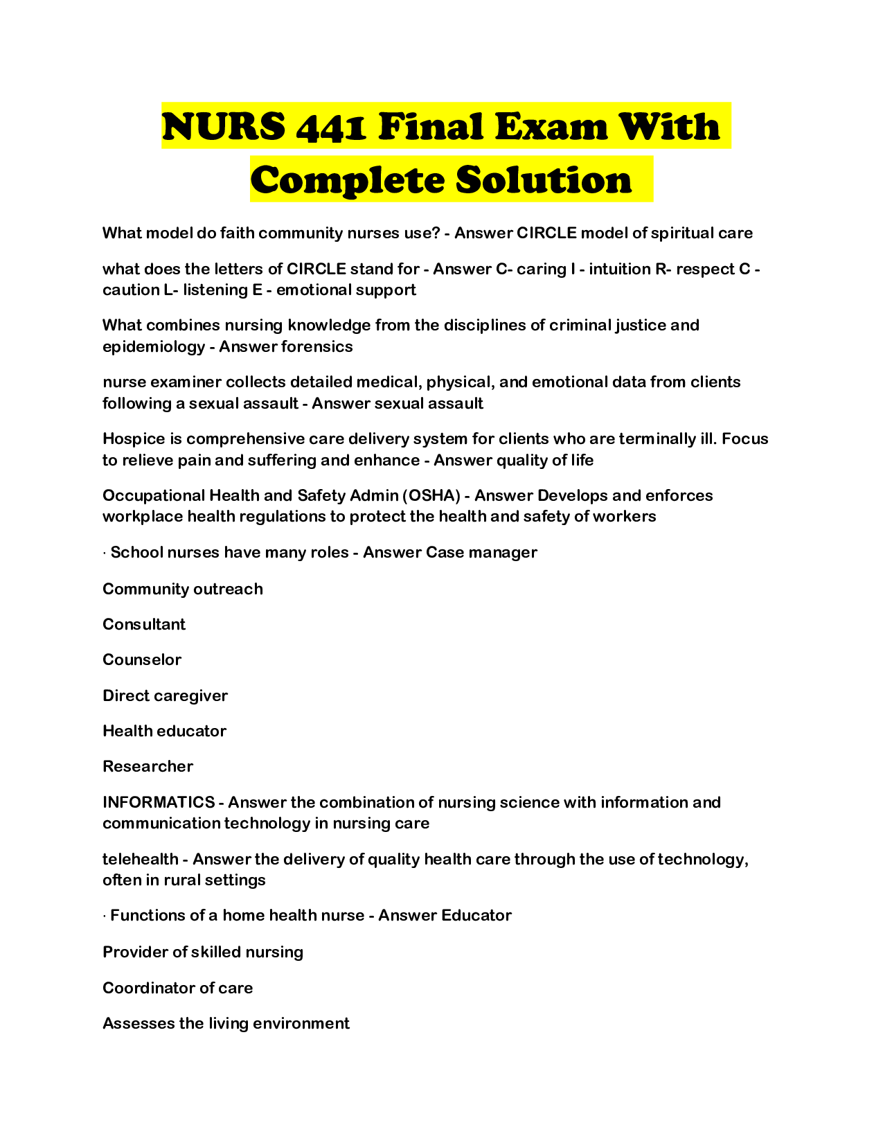 NURS 441 Final Exam With Complete Solution