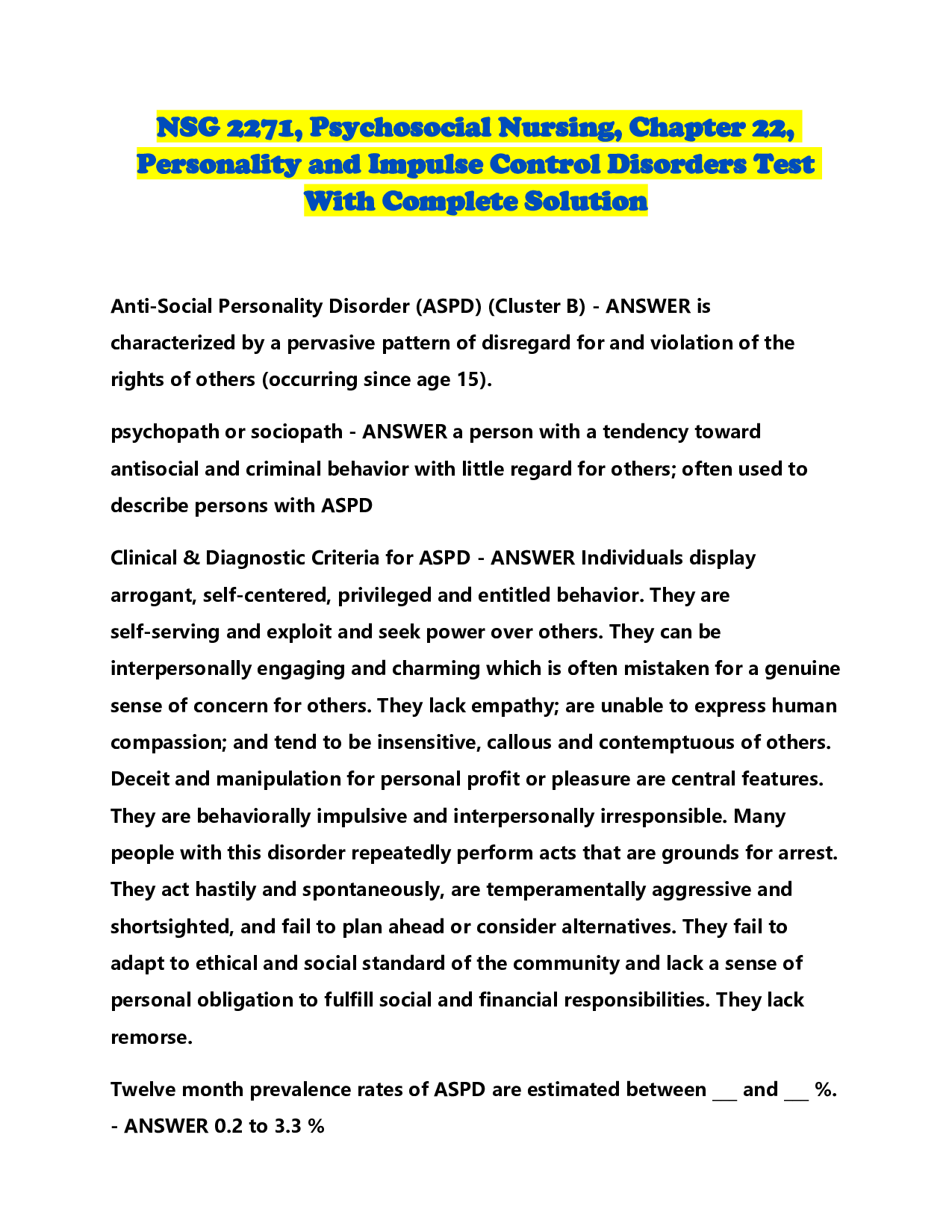 NSG 2271, Psychosocial Nursing, Chapter 22, Personality and Impulse Control Disorders Test With Complete Solution