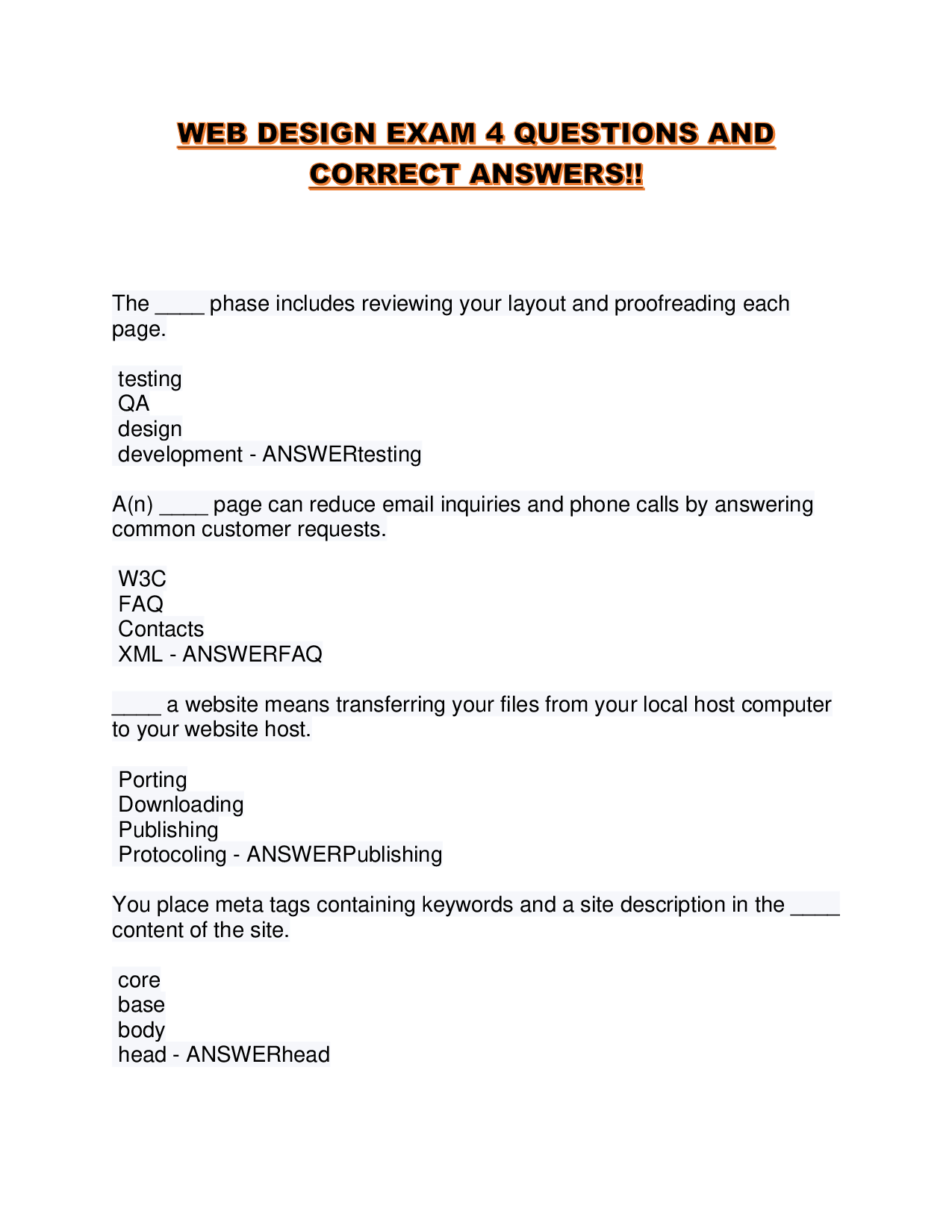 WEB DESIGN EXAM 4 QUESTIONS AND CORRECT ANSWERS!!