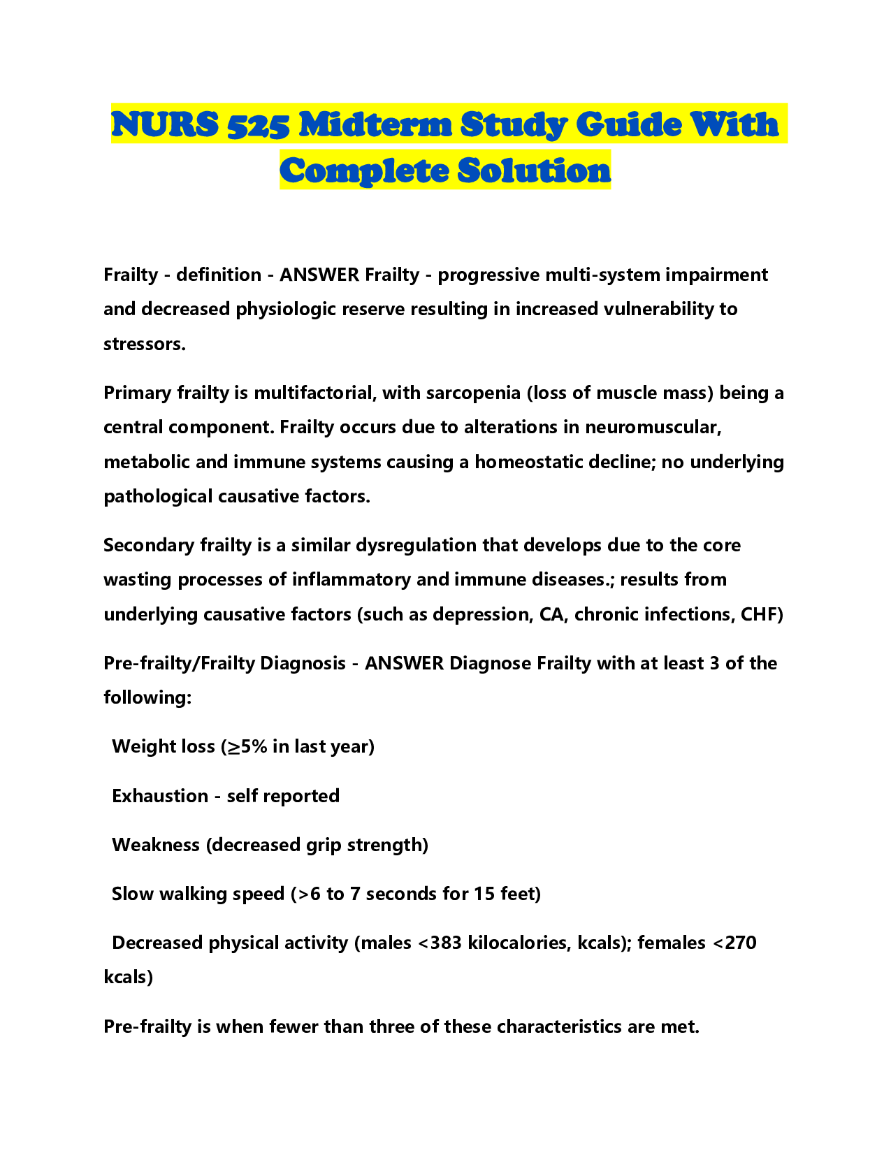 NURS 525 Midterm Study Guide With Complete Solution