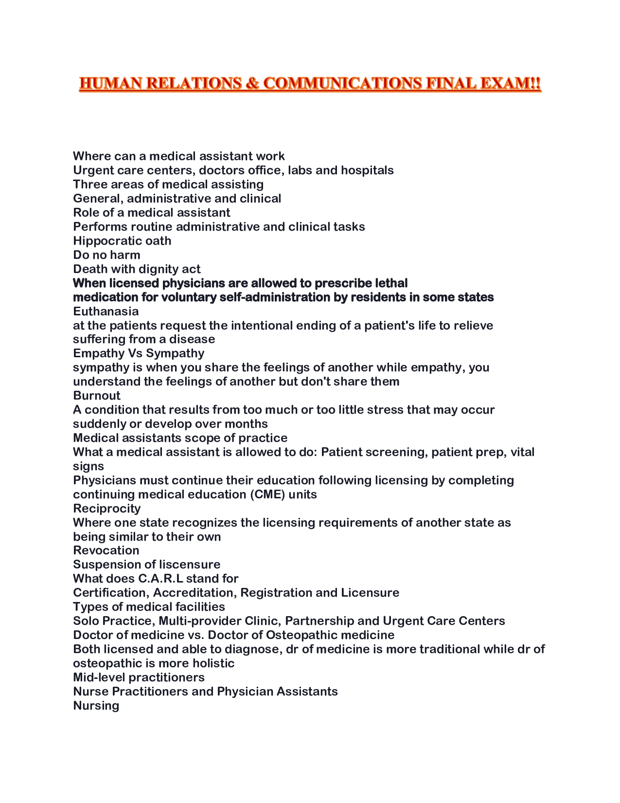 HUMAN RELATIONS & COMMUNICATIONS FINAL EXAM!!