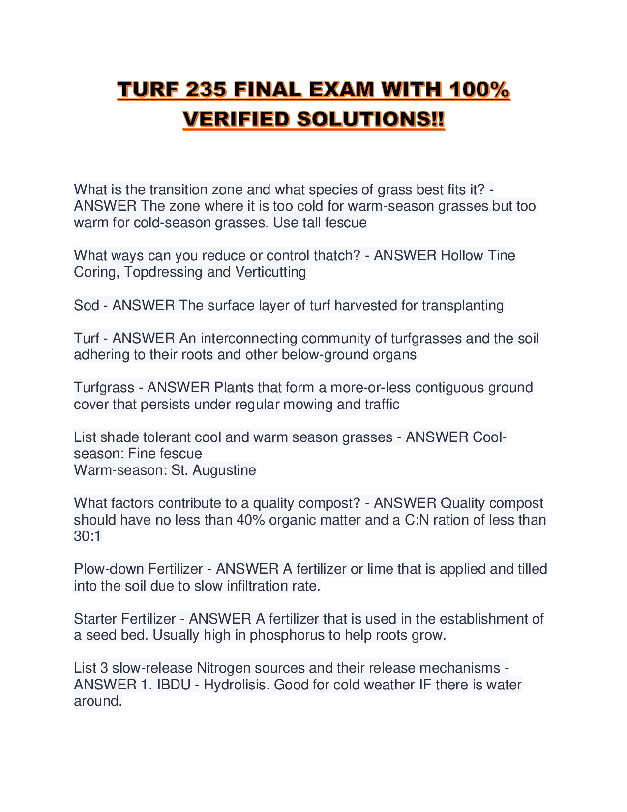 TURF 235 FINAL EXAM WITH 100% VERIFIED SOLUTIONS!!