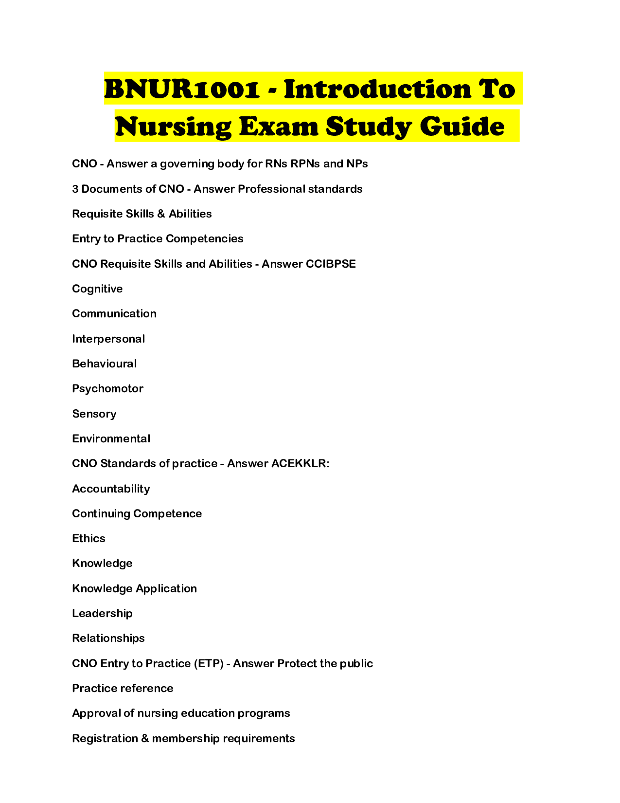 BNUR1001 - Introduction To Nursing Exam Study Guide