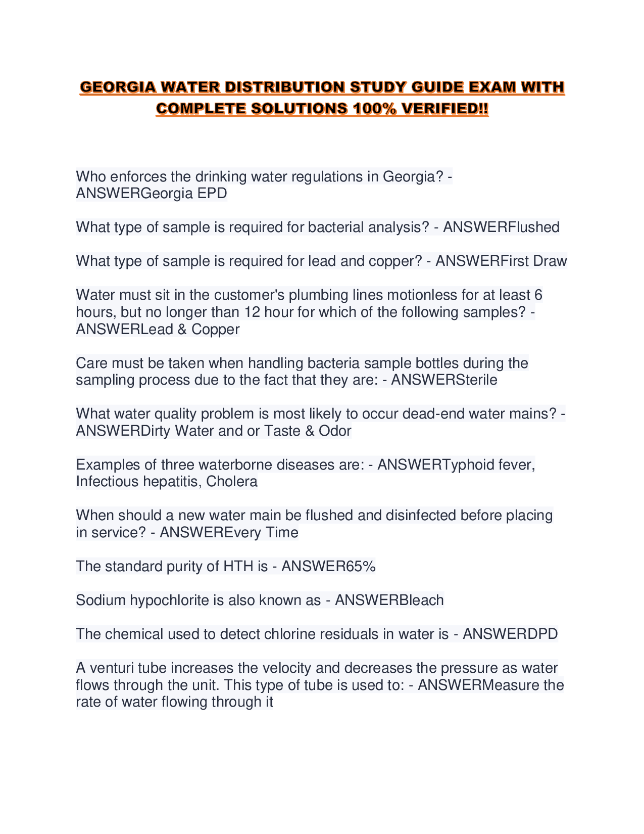 GEORGIA WATER DISTRIBUTION STUDY GUIDE EXAM WITH COMPLETE SOLUTIONS 100% VERIFIED!!