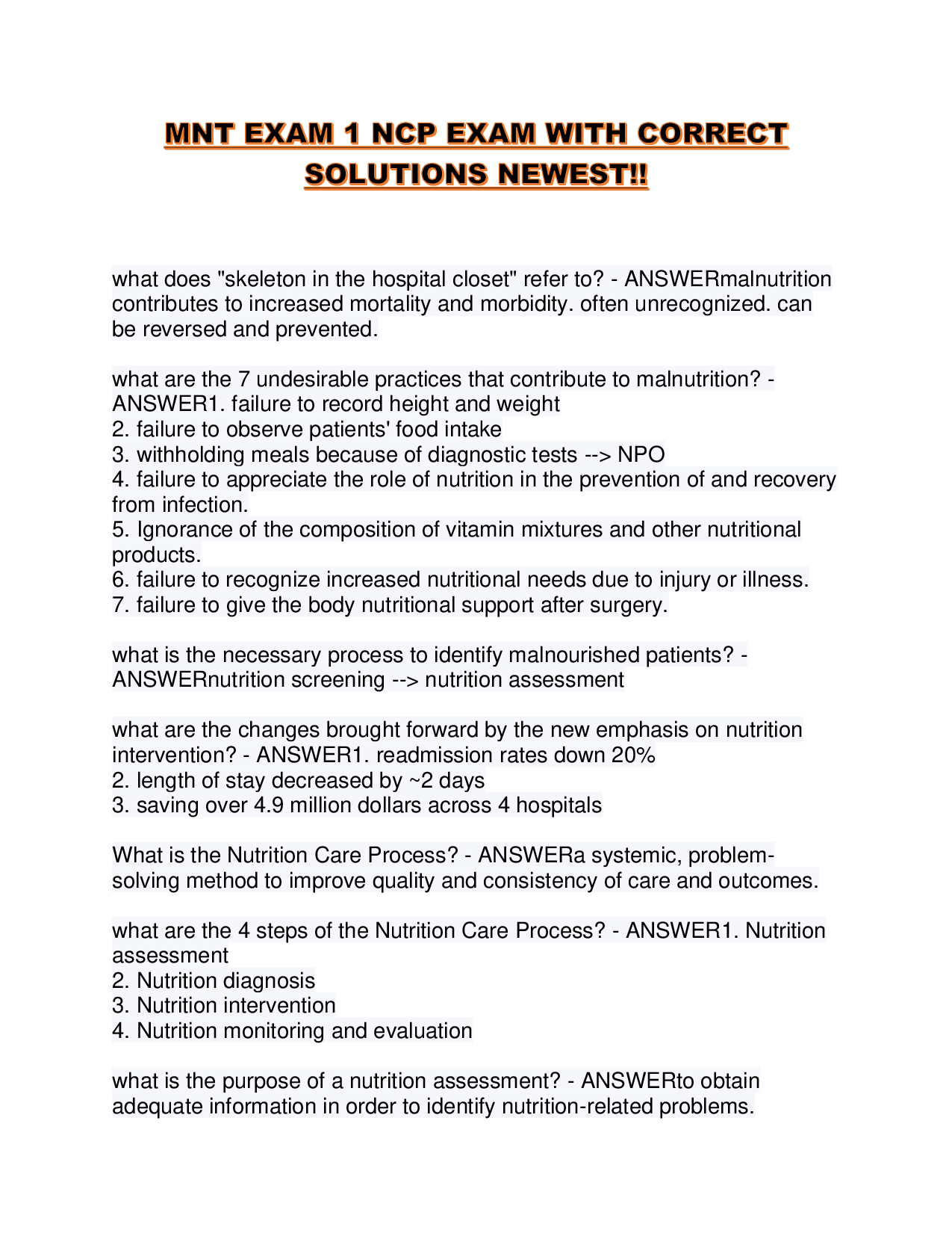 MNT EXAM 1 NCP EXAM WITH CORRECT SOLUTIONS NEWEST!!