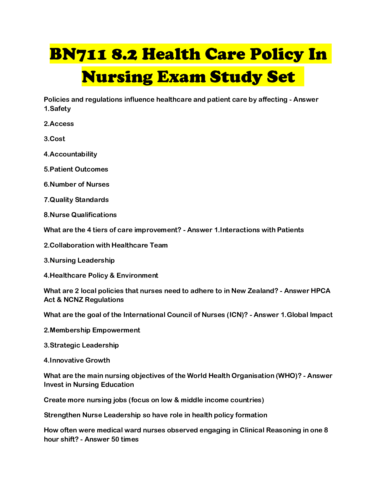 BN711 8.2 Health Care Policy In Nursing Exam Study Set
