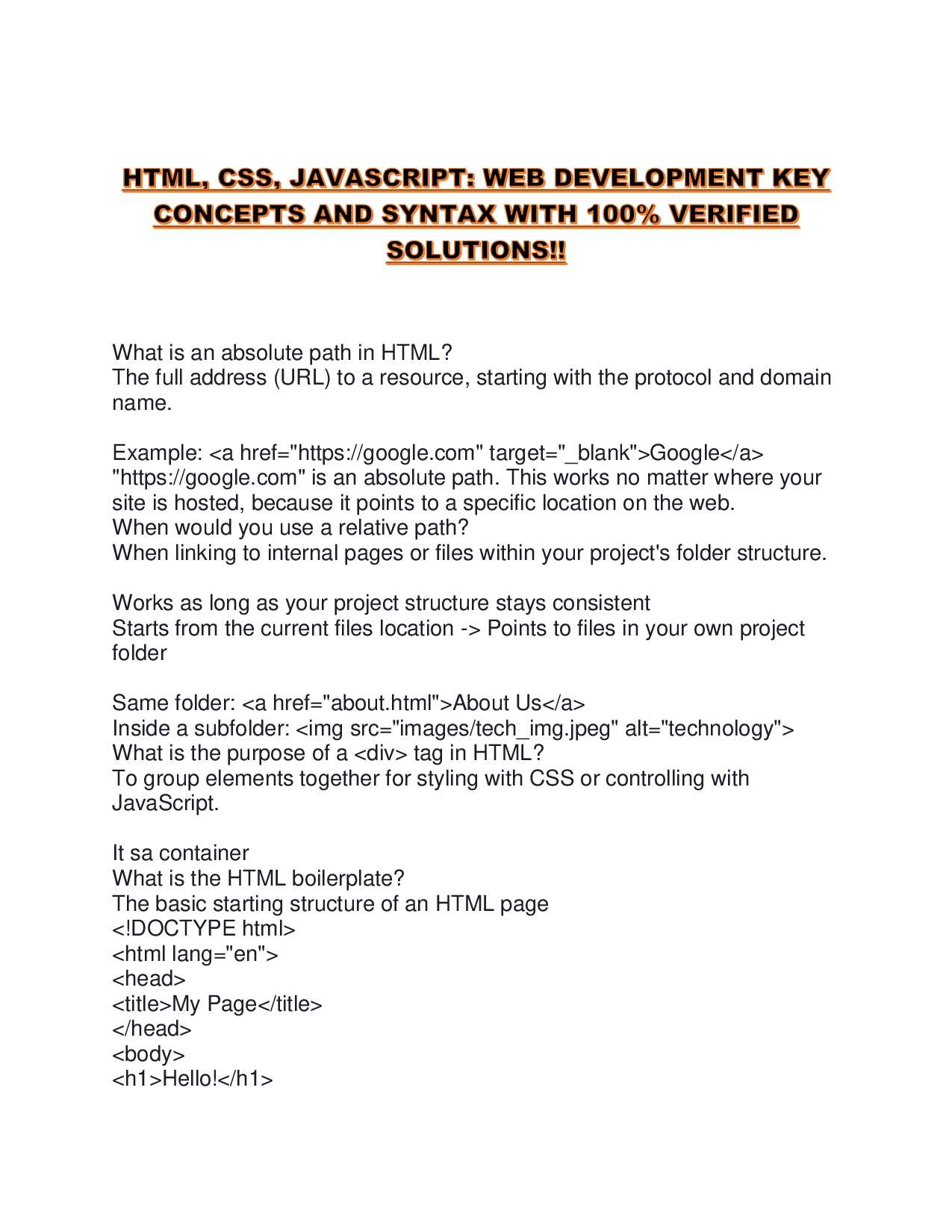 HTML, CSS, JAVASCRIPT WEB DEVELOPMENT KEY CONCEPTS AND SYNTAX WITH 100% VERIFIED SOLUTIONS!!
