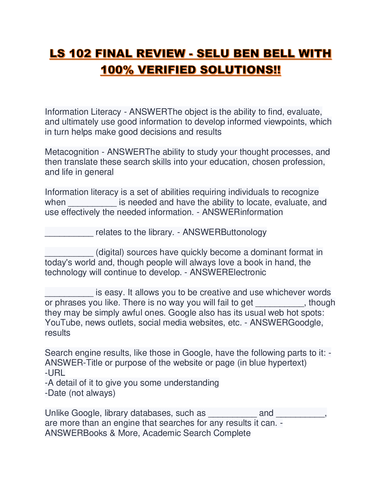 LS 102 FINAL REVIEW - SELU BEN BELL WITH 100% VERIFIED SOLUTIONS!!