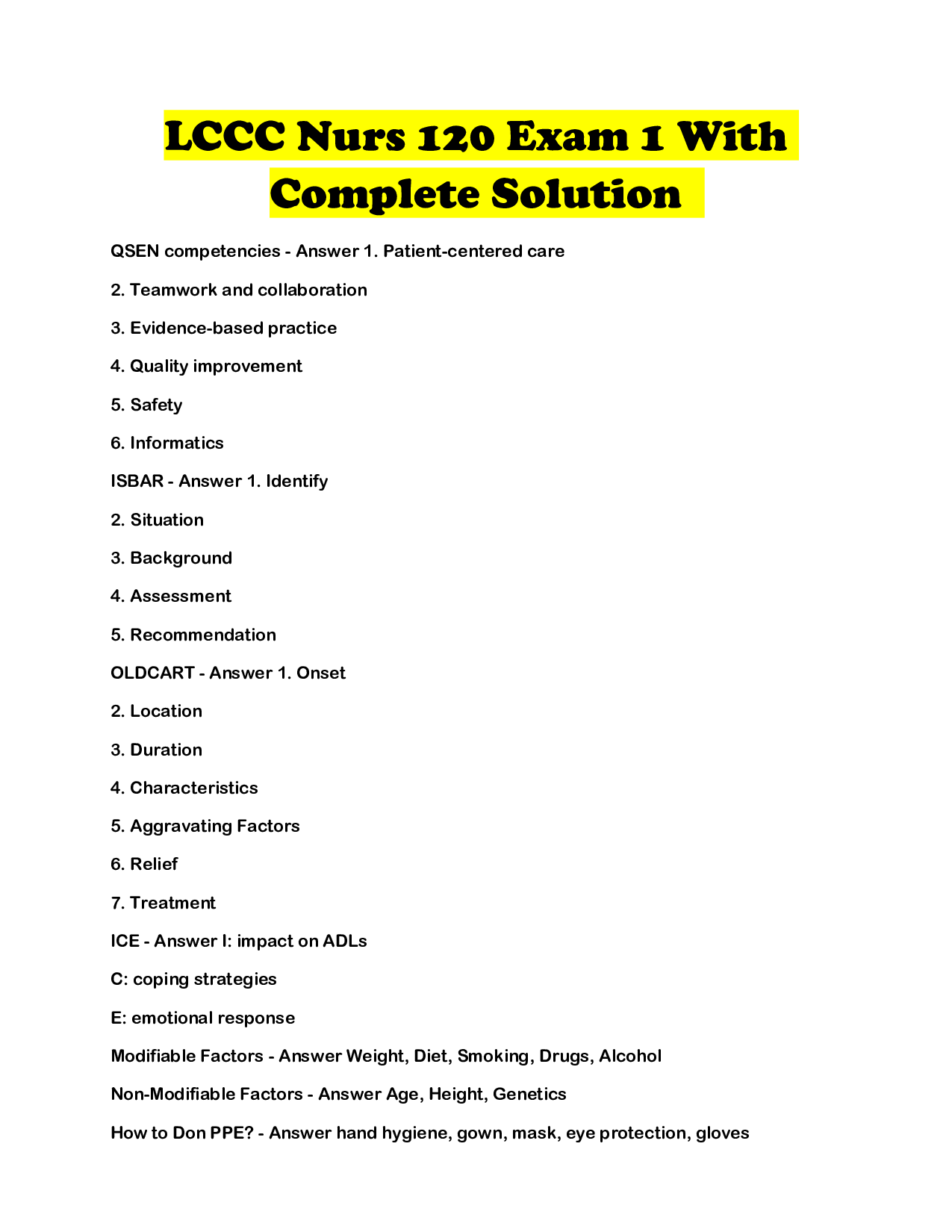 LCCC Nurs 120 Exam 1 With Complete Solution