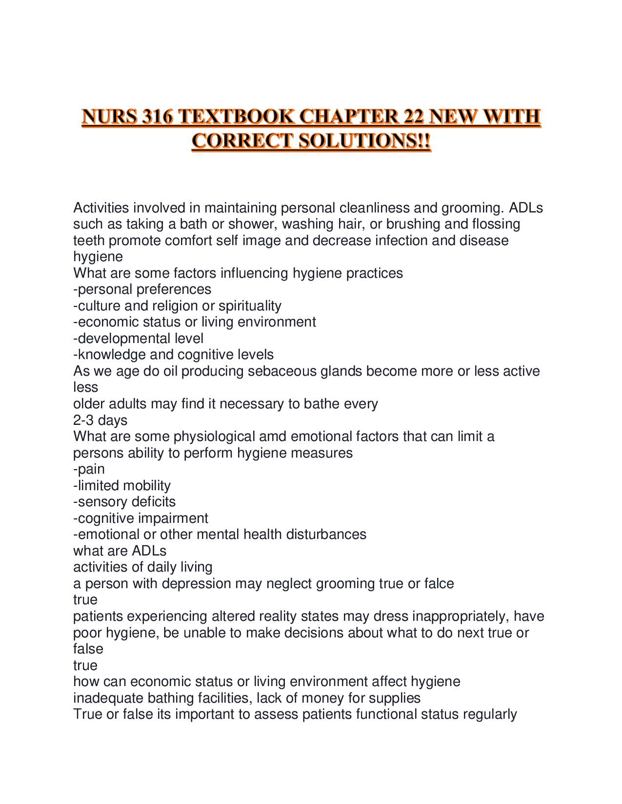 NURS 316 TEXTBOOK CHAPTER 22 NEW WITH CORRECT SOLUTIONS!!
