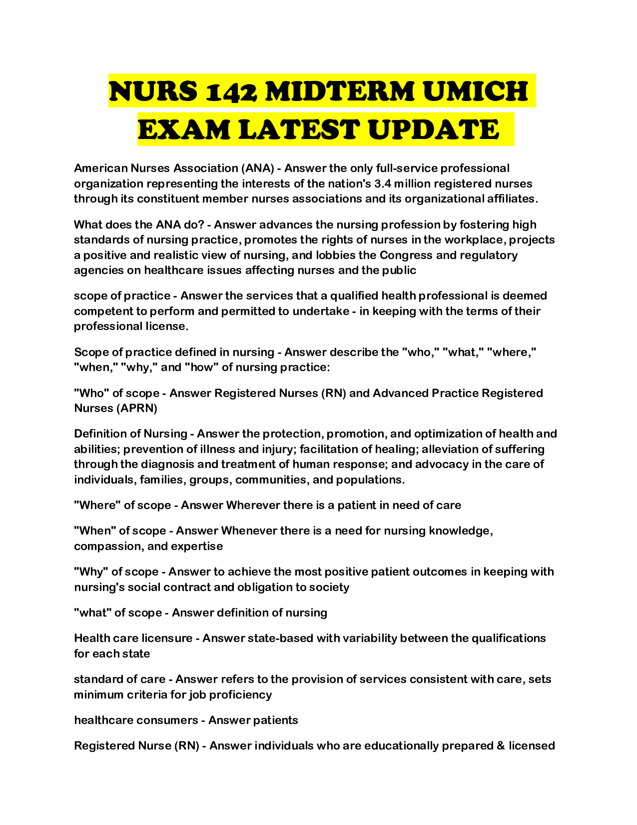 NURS 142 MIDTERM UMICH EXAM LATEST UPDATE