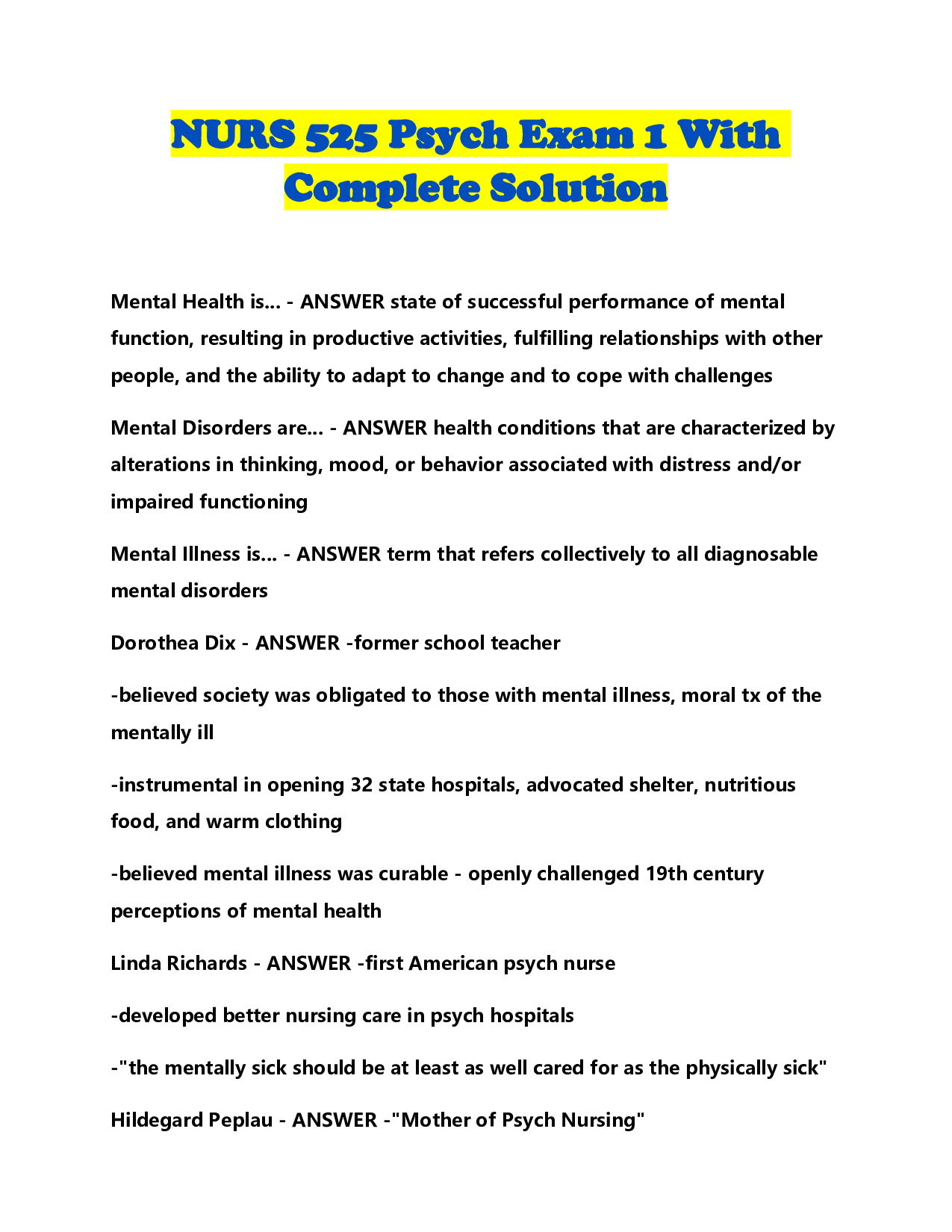 NURS 525 Psych Exam 1 With Complete Solution