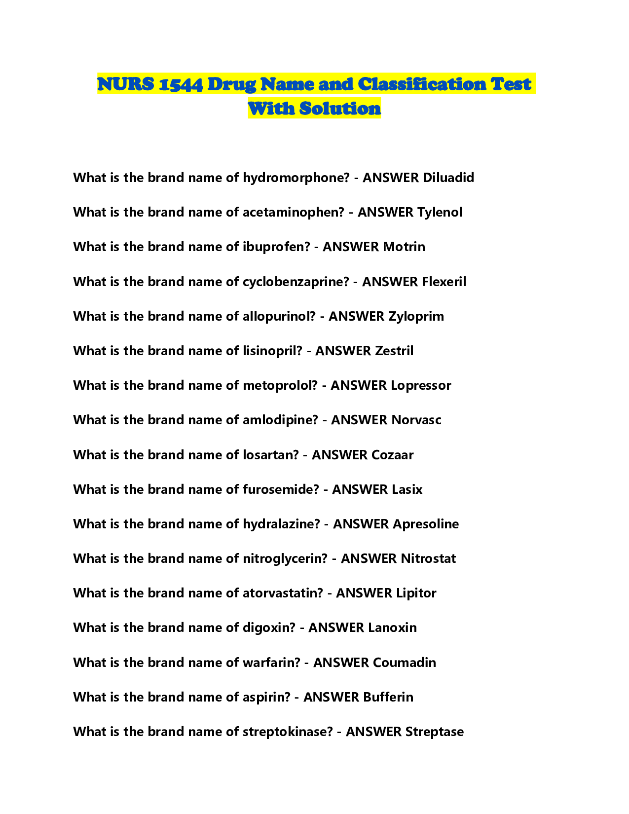 NURS 1544 Drug Name and Classification Test With Solution