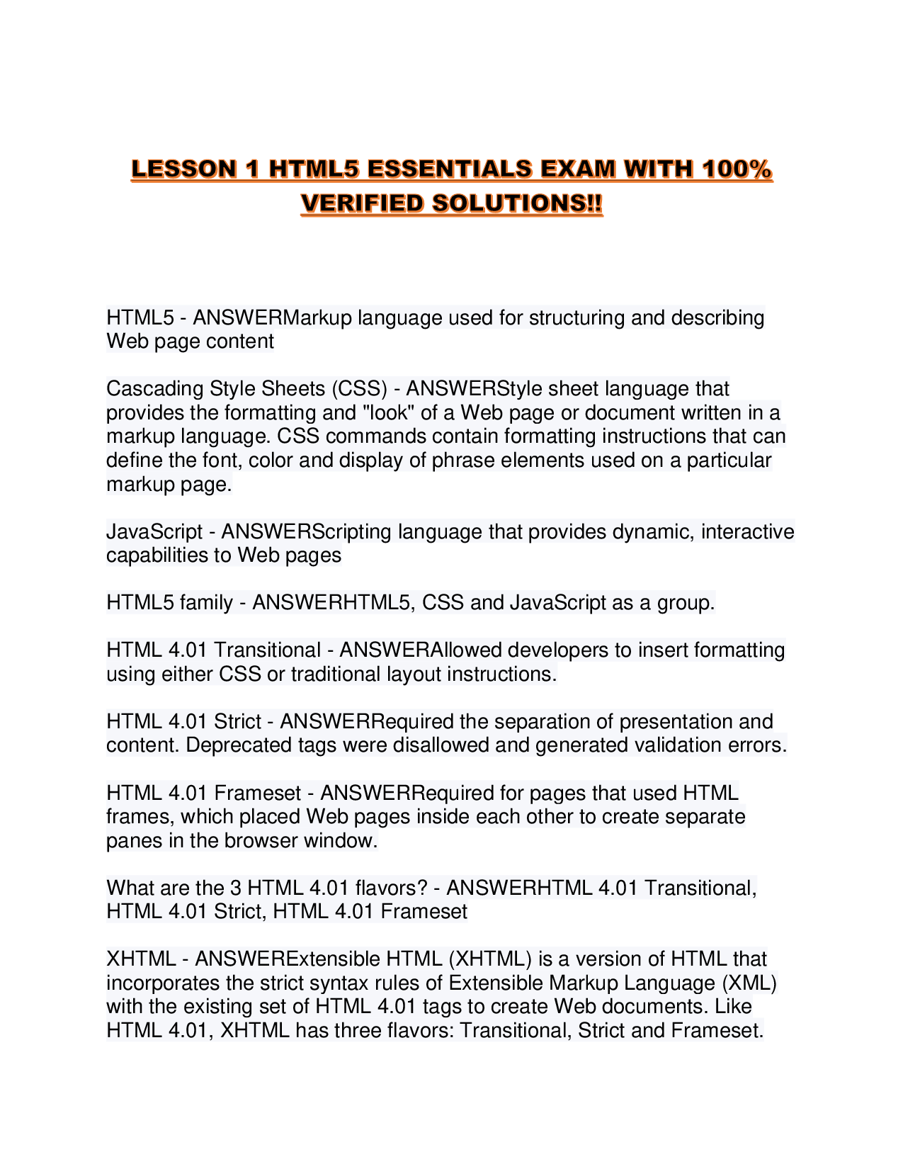 LESSON 1 HTML5 ESSENTIALS EXAM WITH 100% VERIFIED SOLUTIONS!!