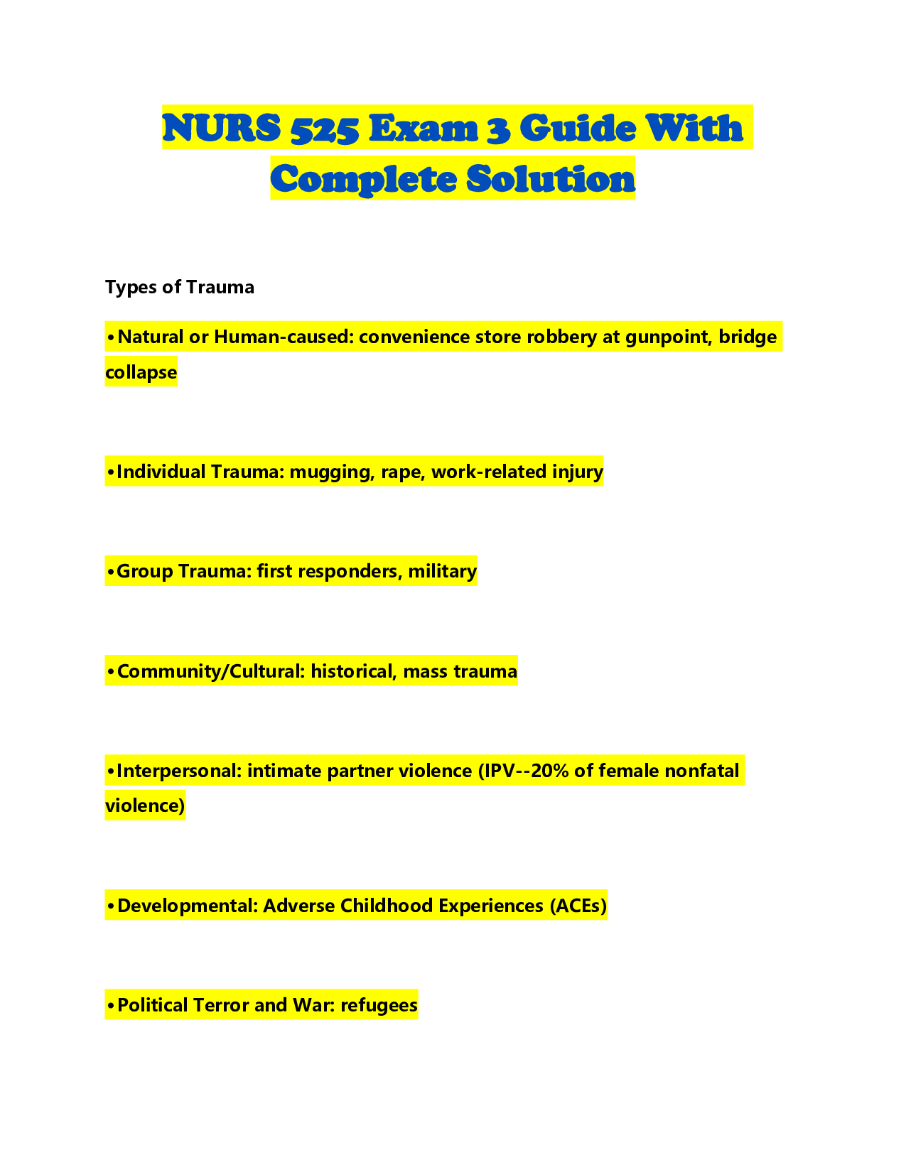 NURS 525 Exam 3 Guide With Complete Solution