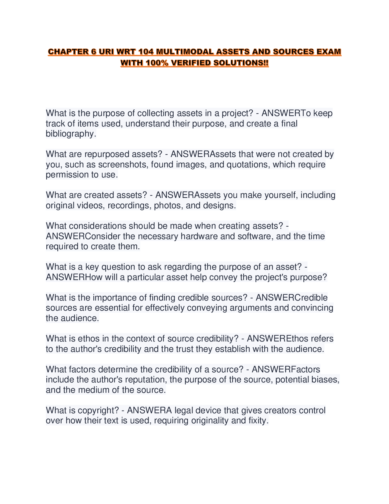 CHAPTER 6 URI WRT 104 MULTIMODAL ASSETS AND SOURCES EXAM WITH 100% VERIFIED SOLUTIONS!!