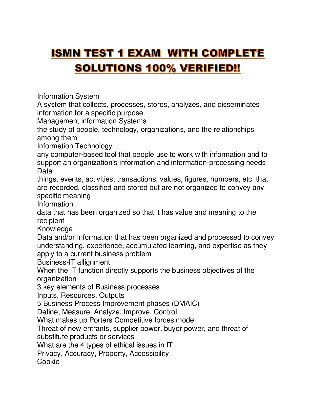 ISMN TEST 1 EXAM  WITH COMPLETE SOLUTIONS 100% VERIFIED!!