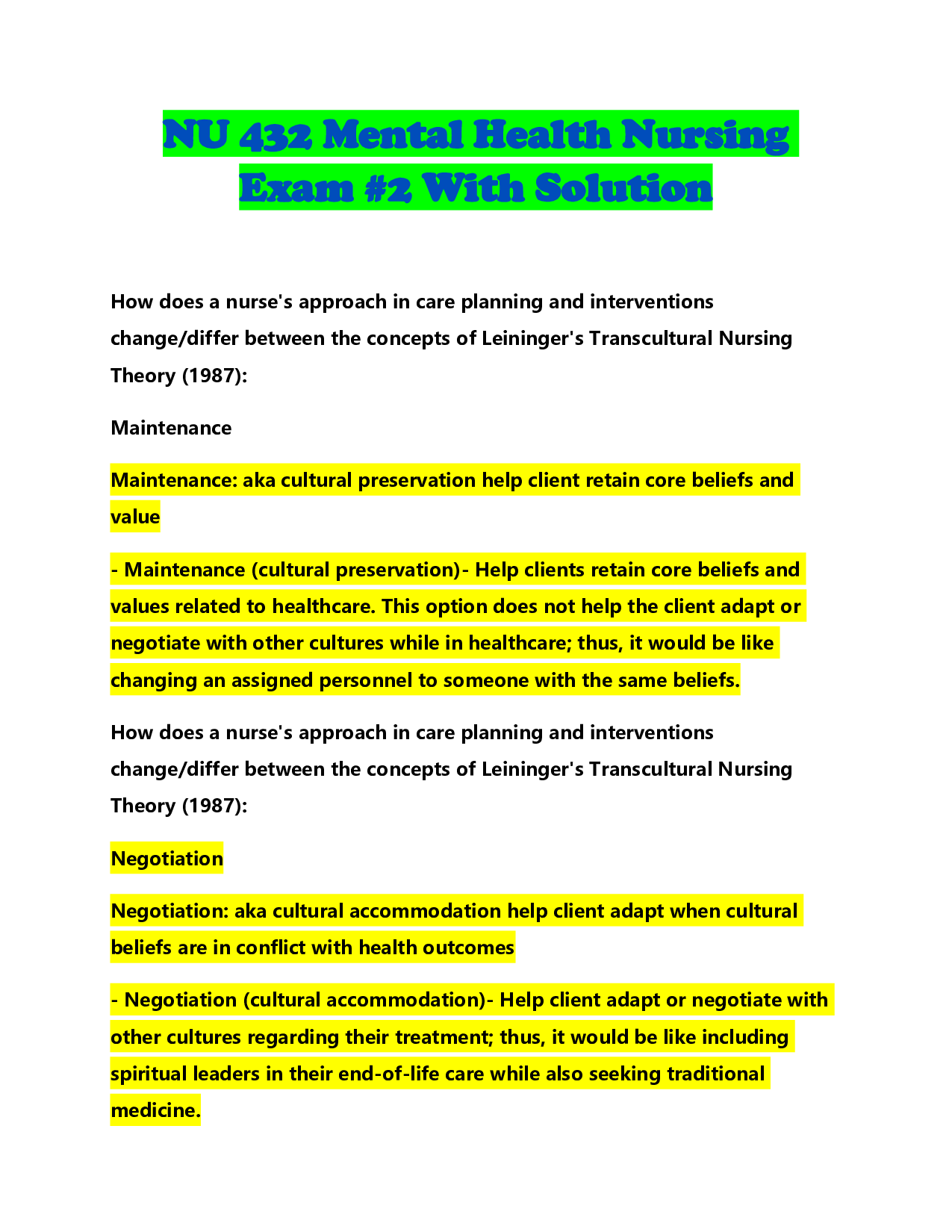 NU 432 Mental Health Nursing Exam #2 With Solution