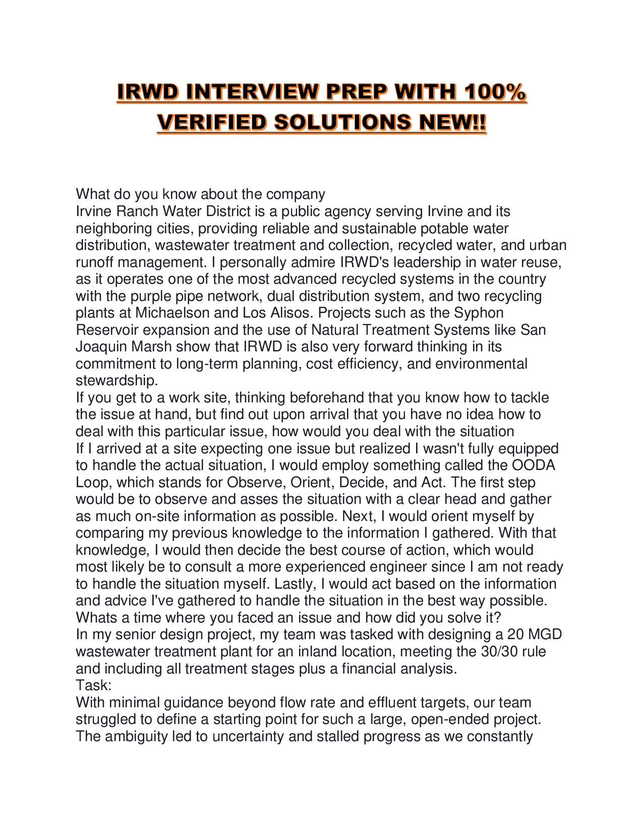 IRWD INTERVIEW PREP WITH 100% VERIFIED SOLUTIONS NEW!!