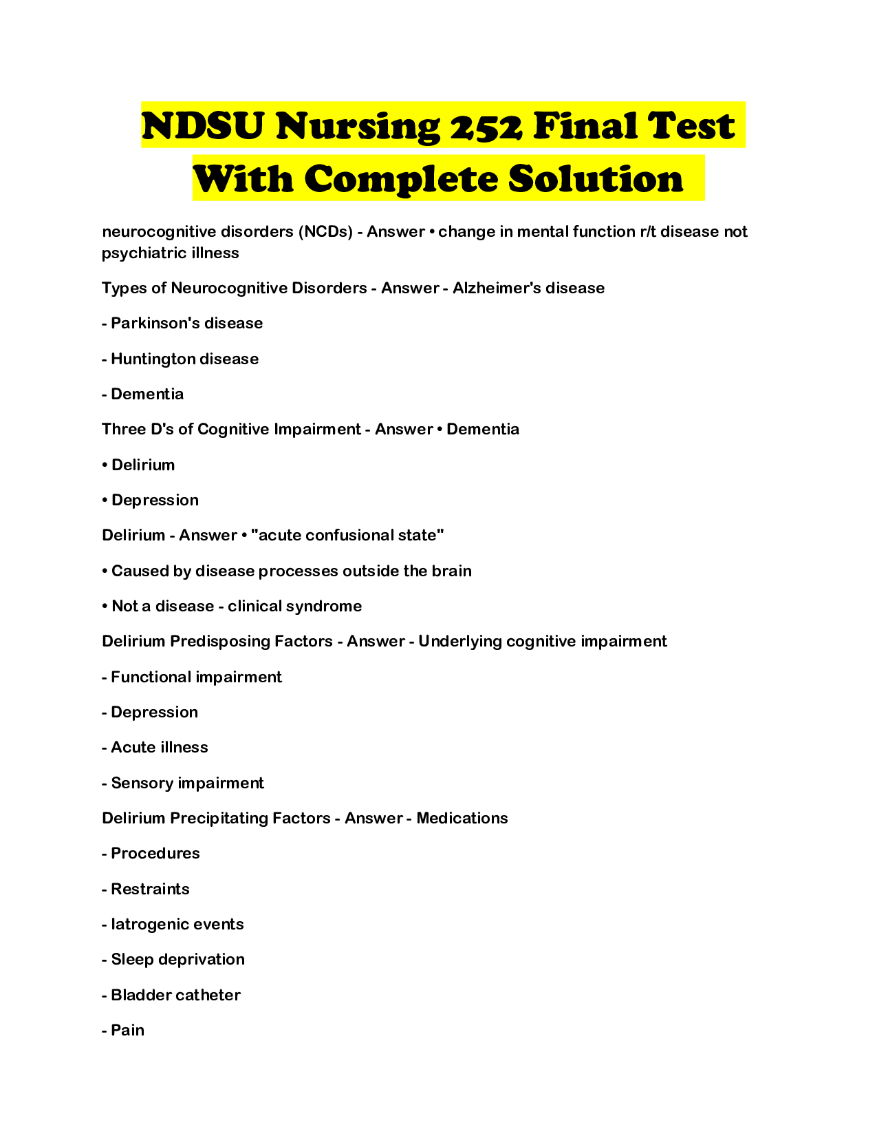 NDSU Nursing 252 Final Test With Complete Solution